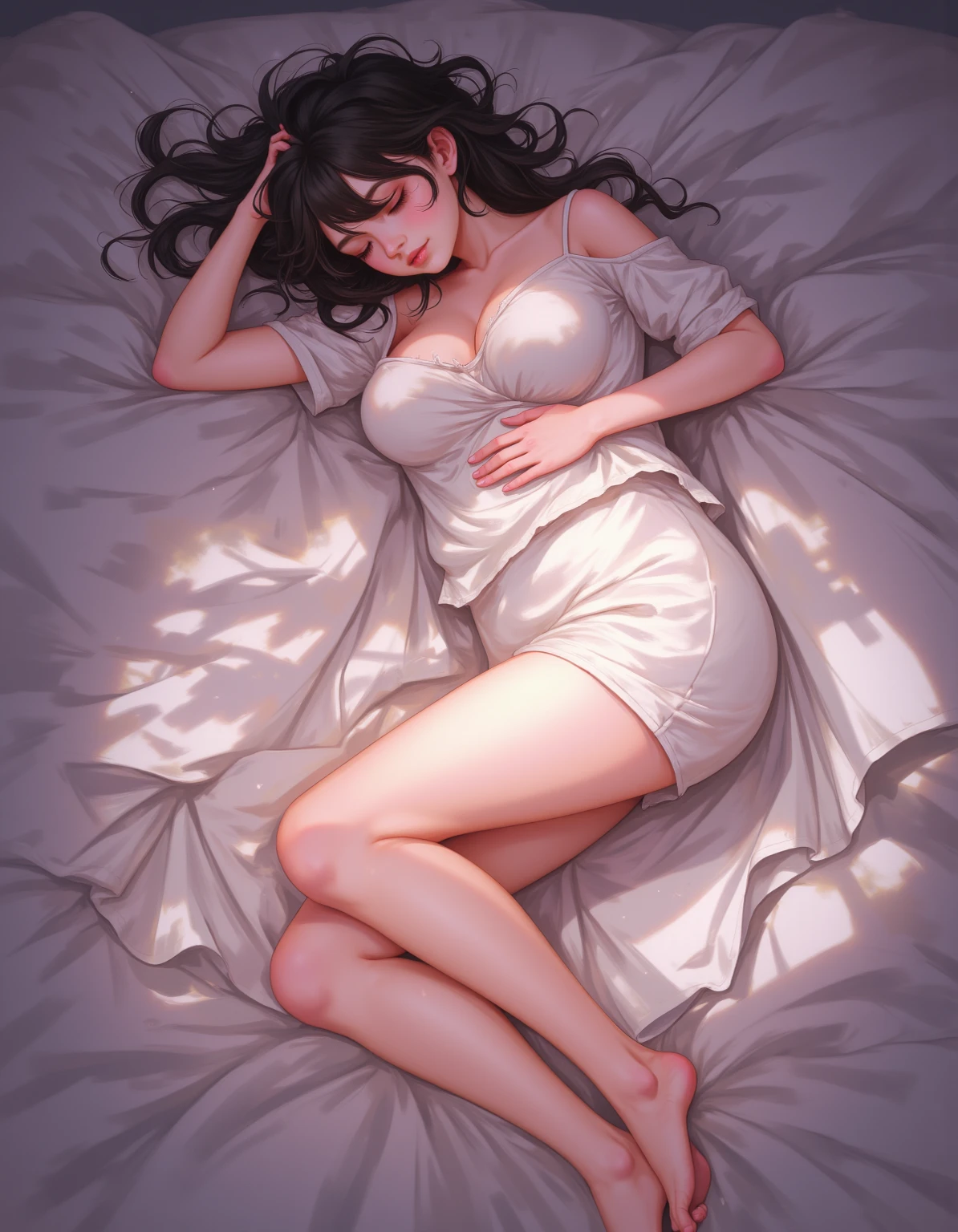 A painting of a woman lying on the bed with her eyes closed, guweiz, guweiz style artwork, Gurwitz Masterpiece, by Yanjun Cheng, Zhou Wenjing, author:Zhang Han, guweiz on pixiv artstation, guweiz on artstation pixiv, author:Lin Liang, actual. cheng yi