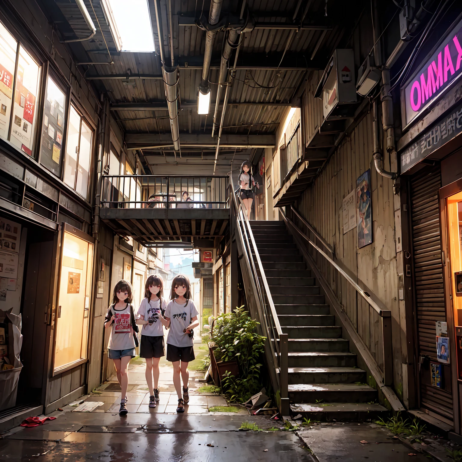 
(( masterpiece 、 top quality 、 Official Art 、 Unity 8   ｋ wallpaper))、 evening、  night  、((( 3 girls、two girls in summer clothes 、Detailed Faces、smile)))、(chimney、 Sexy Poses to Seduce Poor Environments  、 neon signs、Conspicuous Standing Bars、On-the-road sales、 rusted vending machine、Tourist Facilities、Ruined Hot Springs 、Battleship Island、   Showa Retro:1.2)、(dirty、Bulky trash、Stairs to the basement、Mysterious Underpass )、( T-SHIRT:0.Short Pants and Long Pants:0.8)