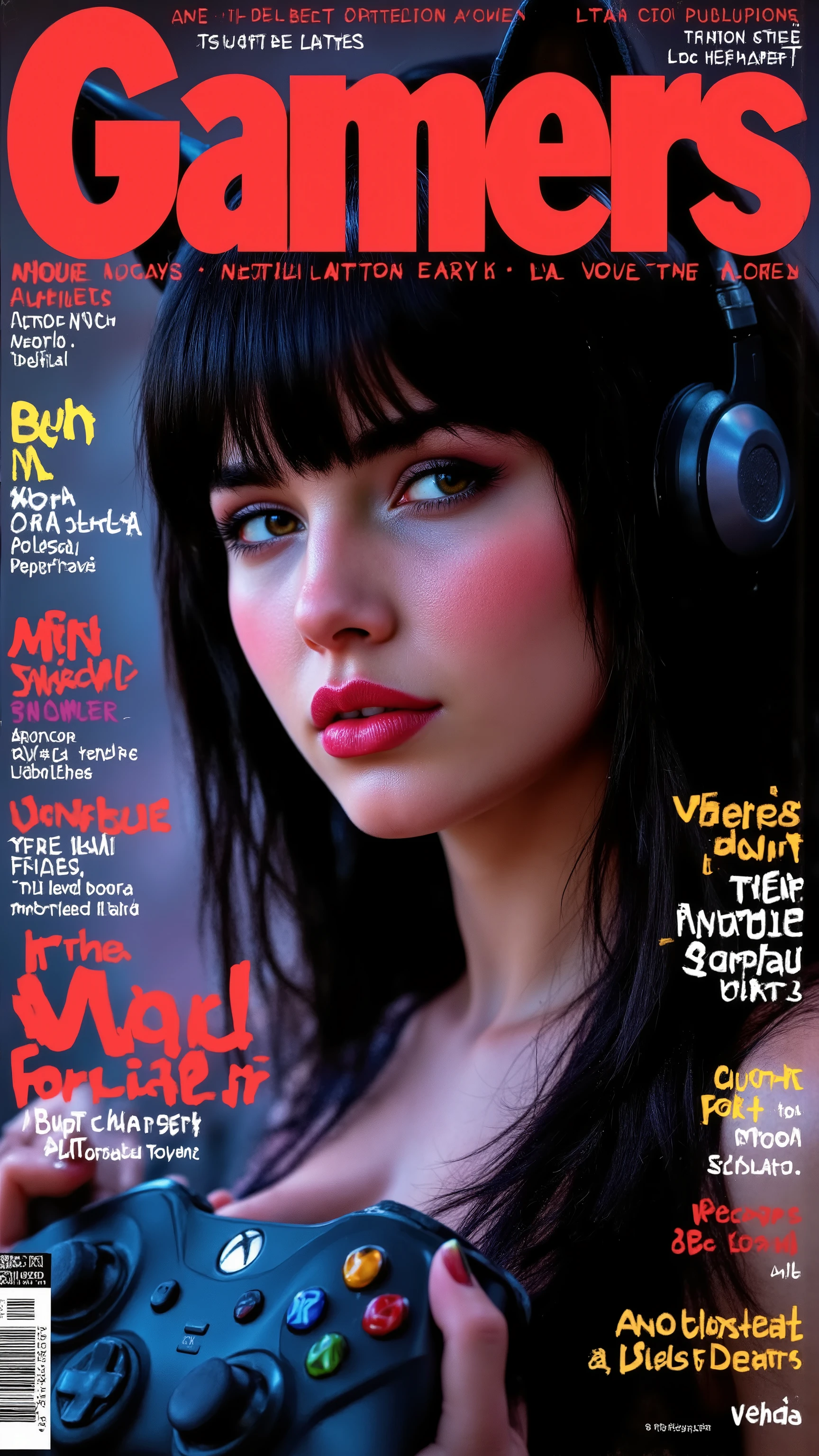 (Music Magazine cover:1.3),(candid 1.3) photo of a vivacious Iranian girl, Striking eyes, voluminous wavy hair,lipgloss, wearing black intricately detailed tactical clothing, cleavage, looking at viewer, seductive expression, (upper body shot:1.3) Studio lighting, shot using a Leica T in the style of (Martin Schoeller:1.3) High detail, intricate, detailed face, detailed eyes, detailed skin, --auto --s2