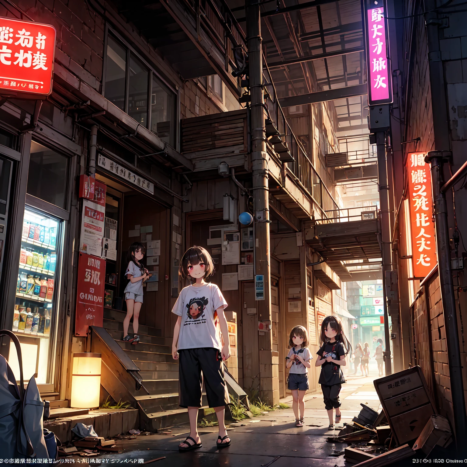 (( masterpiece 、 top quality 、 Official Art 、 Unity 8  ｋ wallpaper))、 evening、 night 、((( 3 girls、two girls in summer clothes 、Detailed Faces、smile)))、(chimney、 Sexy Poses to Seduce Poor Environments  、 neon signs、Conspicuous Standing Bars、On-the-road sales、 rusted vending machine、Tourist Facilities、Ruined Hot Springs 、Battleship Island、  Showa Retro:1.2)、(dirty、Bulky trash、Stairs to the basement、Mysterious Underpass )、( T-SHIRT:0.Short Pants and Long Pants:0.8)