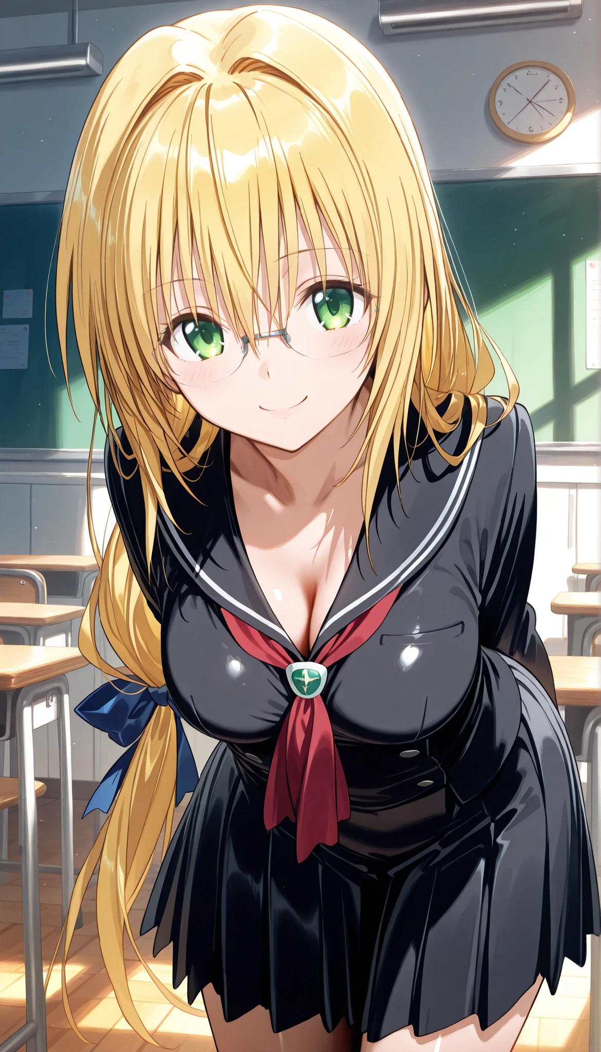 masterpiece, score_9, score_8_up, score_7_up, anime, pinup, greatest masterpiece, full twinkle, perfect face, best quality, high resolution, 1 girl, Tearju,blonde hair,green eyes,low-tied long hair,blue hair bow, t_glasses,rimless glasses, light skin, smile, arms behind ass, leaning forward, classroom, serafuku, black serafuku, red tie, shiny skin, shiny cloth, front view