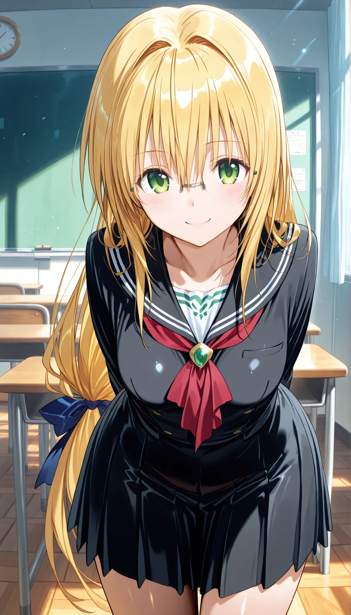 masterpiece, score_9, score_8_up, score_7_up, anime, pinup, greatest masterpiece, full twinkle, perfect face, best quality, high resolution, 1 girl, Tearju,blonde hair,green eyes,low-tied long hair,blue hair bow, t_glasses,rimless glasses, light skin, smile, arms behind ass, leaning forward, classroom, serafuku, black serafuku, red tie, shiny skin, shiny cloth, front view