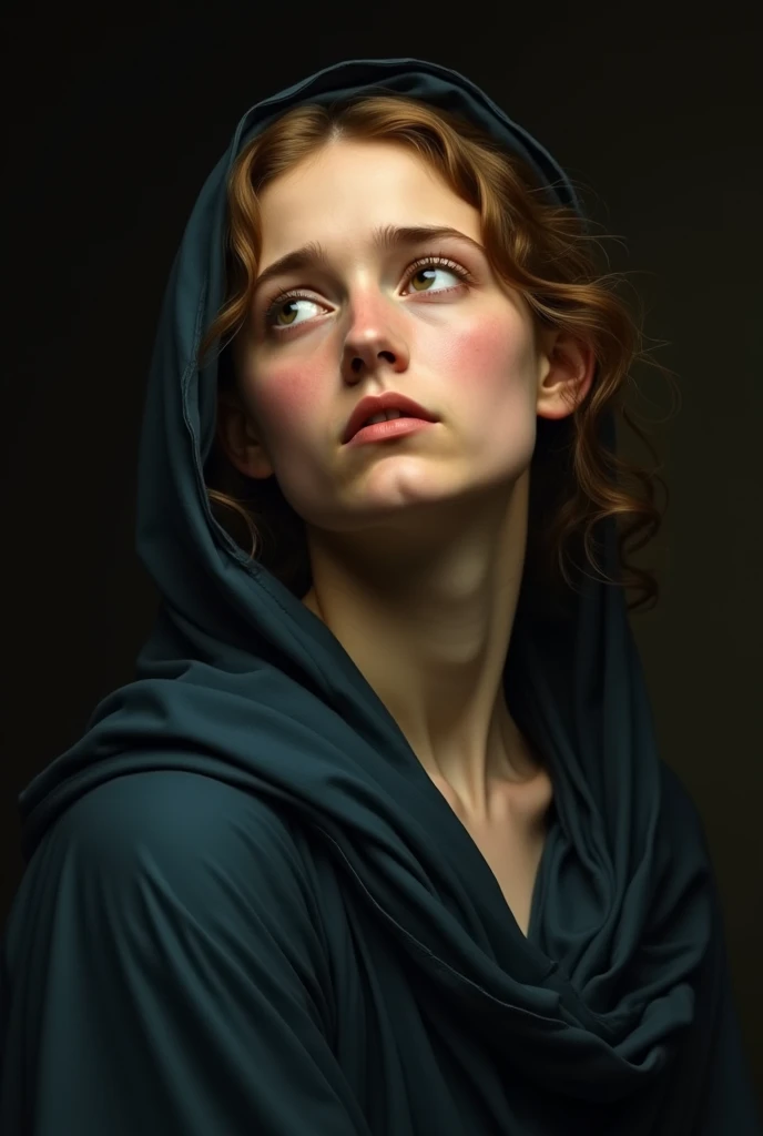 Portrait of a young woman in the spirit of the old masters of the 16th century (for example, Raphael, Titian, Bronzino). Girl with gentle features, dressed in a simple dark blue shawl, gently framing her face. Her eyes are fixed to the sky with an expression of deep emotion — a plea, sorrows. Light falls softly and diffusely, as in paintings by Venetian masters,  with cool tones . artistic style: Careful study of chiaroscuro, smooth color transitions, Realistic skin details (light rosy, translucency). Mood — thoughtful, sublime ,  a melancholic .
