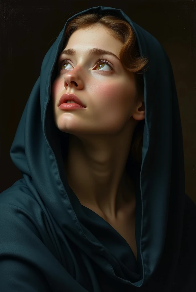 Portrait of a young woman in the spirit of the old masters of the 16th century (for example, Raphael, Titian, Bronzino). Girl with gentle features, dressed in a simple dark blue shawl, gently framing her face. Her eyes are fixed to the sky with an expression of deep emotion — a plea, sorrows. Light falls softly and diffusely, as in paintings by Venetian masters,  with cool tones . artistic style: Careful study of chiaroscuro, smooth color transitions, Realistic skin details (light rosy, translucency). Mood — thoughtful, sublime ,  a melancholic .