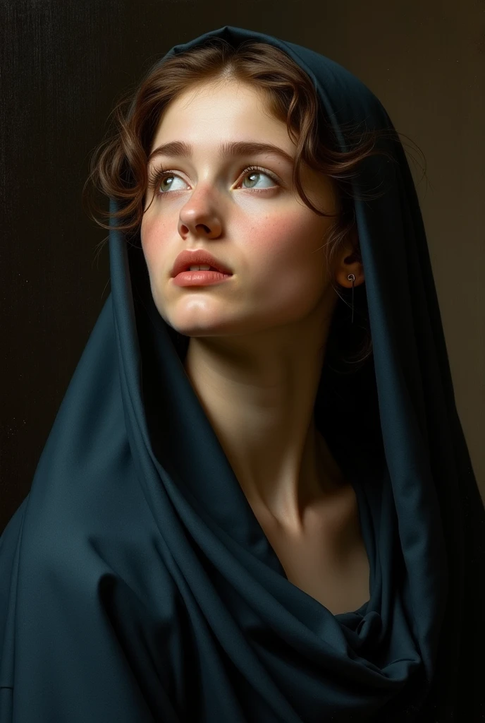 Portrait of a young woman in the spirit of the old masters of the 16th century (for example, Raphael, Titian, Bronzino). Girl with gentle features, dressed in a simple dark blue shawl, gently framing her face. Her eyes are fixed to the sky with an expression of deep emotion — a plea, sorrows. Light falls softly and diffusely, as in paintings by Venetian masters,  with cool tones . artistic style: Careful study of chiaroscuro, smooth color transitions, Realistic skin details (light rosy, translucency). Mood — thoughtful, sublime ,  a melancholic .