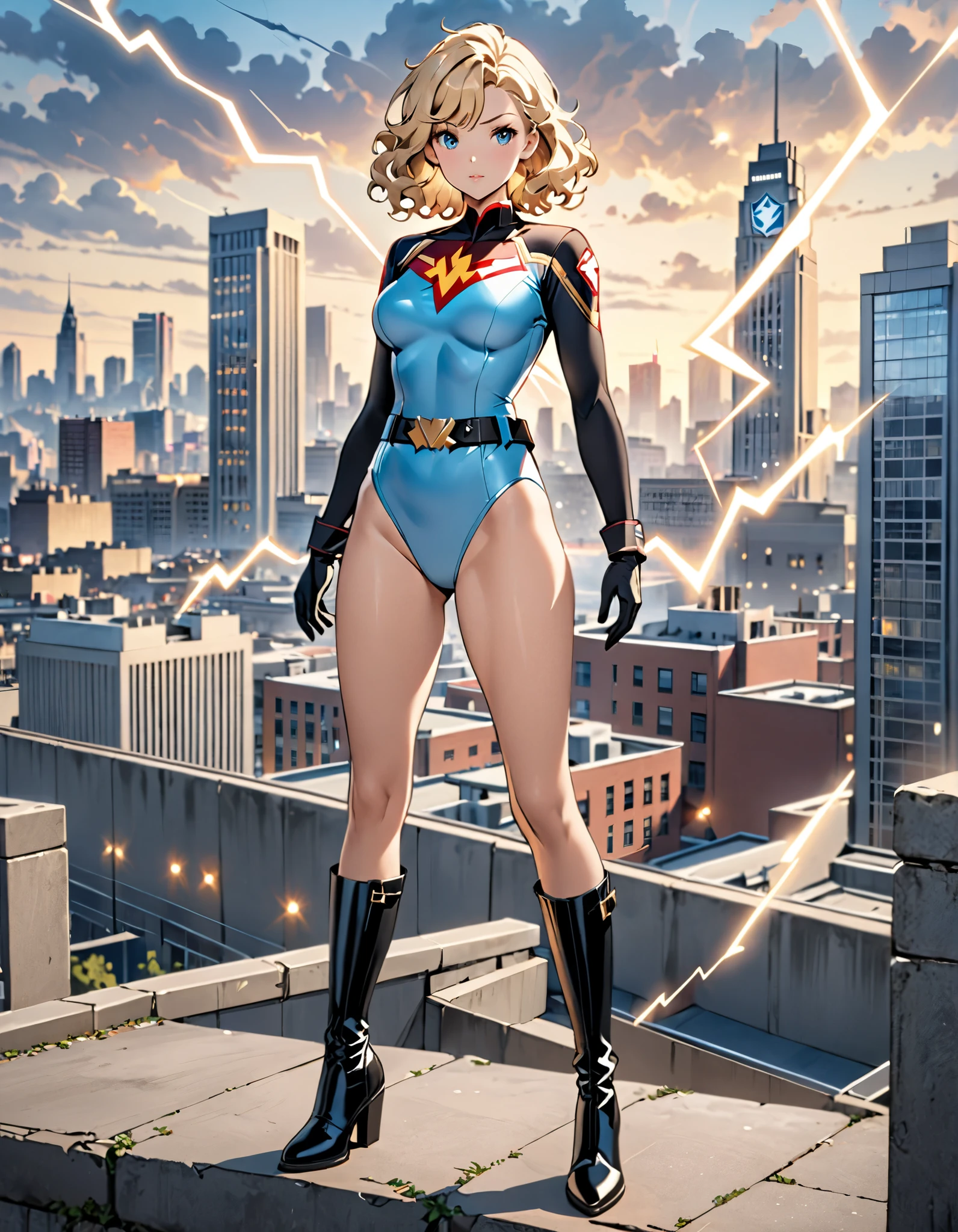 1girl, medium breasts, ((leotard, highleg leotard, light blue leotard)), (lighting bolt emblem on chest), bare legs, (tight belt), boots, matching boots, gloves, city backdrop, solo, single, standing, rear view, full body shot, cowboy shot, superhero, beautiful detailed eyes, power, ((blonde hair, short hair, wavy hair)), high school backdrop, outdoors, mature lady, teacher, perfect body, good proportions