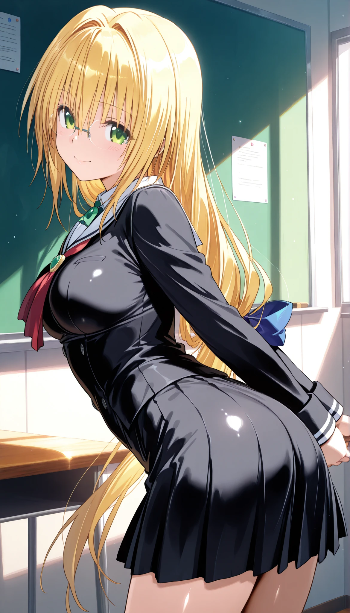 masterpiece, score_9, score_8_up, score_7_up, anime, pinup, greatest masterpiece, full twinkle, perfect face, best quality, high resolution, 1 girl, Tearju,blonde hair,green eyes,low-tied long hair,blue hair bow, t_glasses,rimless glasses, light skin, smile, arms behind ass, leaning forward, classroom, serafuku, black serafuku, red tie, shiny skin, shiny cloth, side view