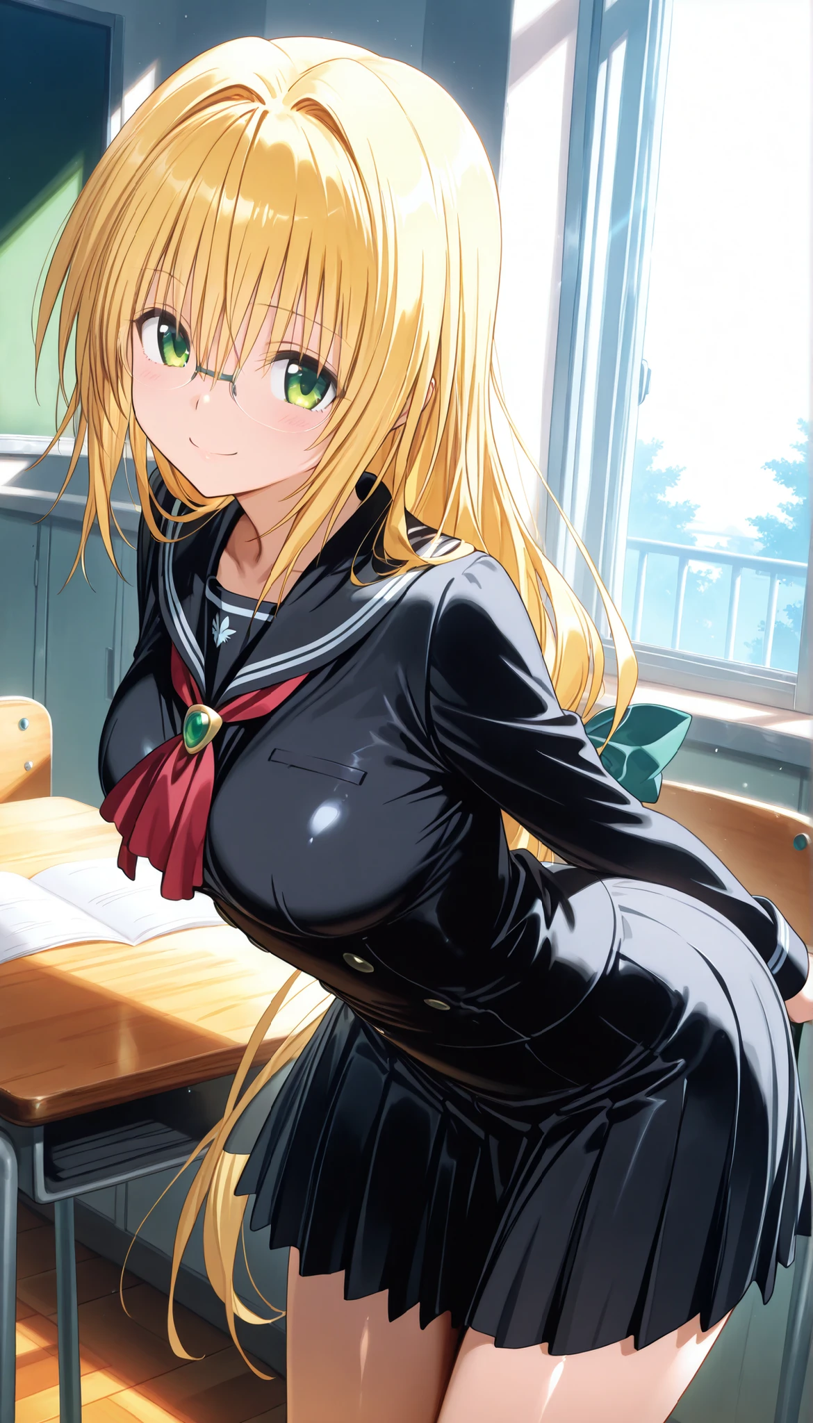 masterpiece, score_9, score_8_up, score_7_up, anime, pinup, greatest masterpiece, full twinkle, perfect face, best quality, high resolution, 1 girl, Tearju,blonde hair,green eyes,low-tied long hair,blue hair bow, t_glasses,rimless glasses, light skin, smile, arms behind ass, leaning forward, classroom, serafuku, black serafuku, red tie, shiny skin, shiny cloth, side view