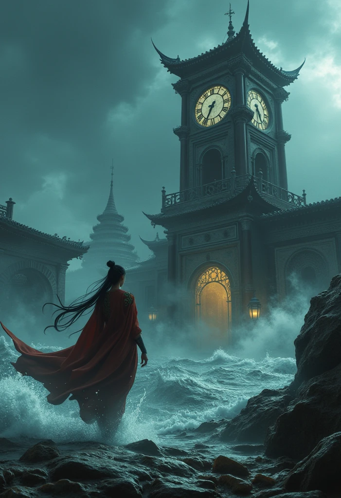 Clock Ryu,Huge clock tower,The Longtail of the Seamstress, soaring waves ,Chinese style, OC rendering, Super Fine,High Quality,8K high resolution,Super Detail