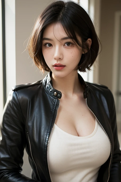 (A hyper-realistic), (illustratio), (hight resolution), (8K), (ighly detailed), (The best illustrations), (beatiful detailed eyes), (top-quality), (ultra-detailliert), (masterpiece), (wall-paper), (detailed face), droopy eyes,full of sweat, full body, long legs,short-hair,inner colored,solo,Girl in leather jacket, huge tits, cleavage, smile, slim body, bricks background