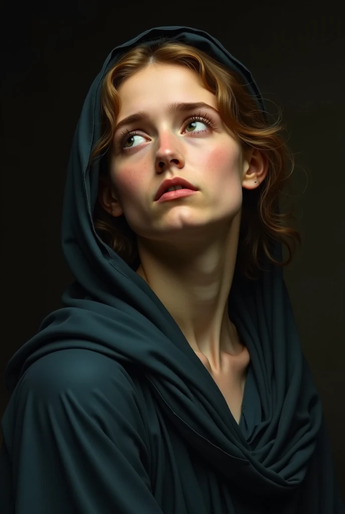 Portrait of a young woman in the spirit of the old masters of the 16th century (for example, Raphael, Titian, Bronzino). Girl with gentle features, dressed in a simple dark blue shawl, gently framing her face. Her eyes are fixed to the sky with an expression of deep emotion — prayers, sorrows. Light falls softly and diffusely, as in paintings by Venetian masters,  with cool tones . artistic style: Careful study of chiaroscuro, smooth color transitions, Realistic skin details (light rosy, translucency). Mood — thoughtful, sublime ,  a melancholic .