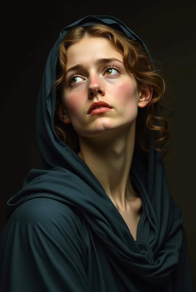 Portrait of a young woman in the spirit of the old masters of the 16th century (for example, Raphael, Titian, Bronzino). Girl with gentle features, dressed in a simple dark blue shawl, gently framing her face. Her eyes are fixed to the sky with an expression of deep emotion — prayers, sorrows. Light falls softly and diffusely, as in paintings by Venetian masters,  with cool tones . artistic style: Careful study of chiaroscuro, smooth color transitions, Realistic skin details (light rosy, translucency). Mood — thoughtful, sublime ,  a melancholic .