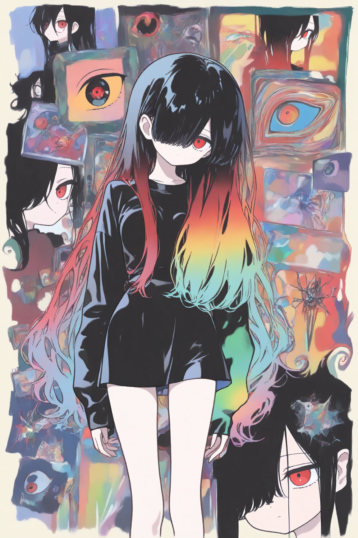 1 girl、profile、Red Eyes、Black Hair、Black Feather、Gothic Punk、turn around、tears,anime zombie witch design, wave hands、, street wear design, pro vector, Horror style, full design, 6 colors only, solid colors, no shadows, full design, sticker, bright colors, white background.super fine illustration,(((beautiful fine hair))),(((beautiful fine face))),(((beautiful fine background))),(((beautiful fine hair))),(((beautiful fine face))),(((beautiful fine background)))、Black Hair、blunt bangs