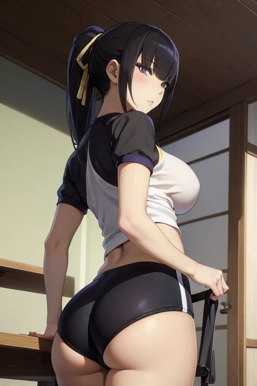 best quality, (masterpiece:1.2), detailed,20 years old,
shinomiya kaguya,
1girl, solo, (blush),
black hair, red eyes, short hair, folded ponytail, hair ribbon, ((swimsuit)), pool, school, red ribbon, bed, looking at the viewer, small breasts,(thick ass), healthy skin, ((from below)), (close up), ((at night)), ((grabbing own ass)), (standing)