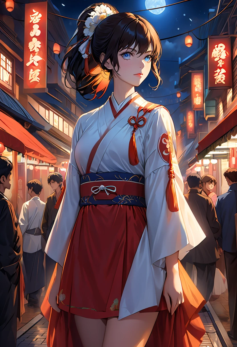 Dim orange moonlight,Dim orange neon lighting, night , A beautiful woman in uniform on a busy street in Gintama,  Surrounded by Many Street Stalls , A breathtakingly beautiful portrait of a girl like a goddess, beautiful detailed face, Porcelain Skin,  full body shot ,  centered , super soft lighting, Symmetric, complicated, elegant, very detailed, photorealistic, Art Station, Concept Art,  smooth, Imagines by Greg Rutkovsky and Boris Vallejo, cover, Trending Style