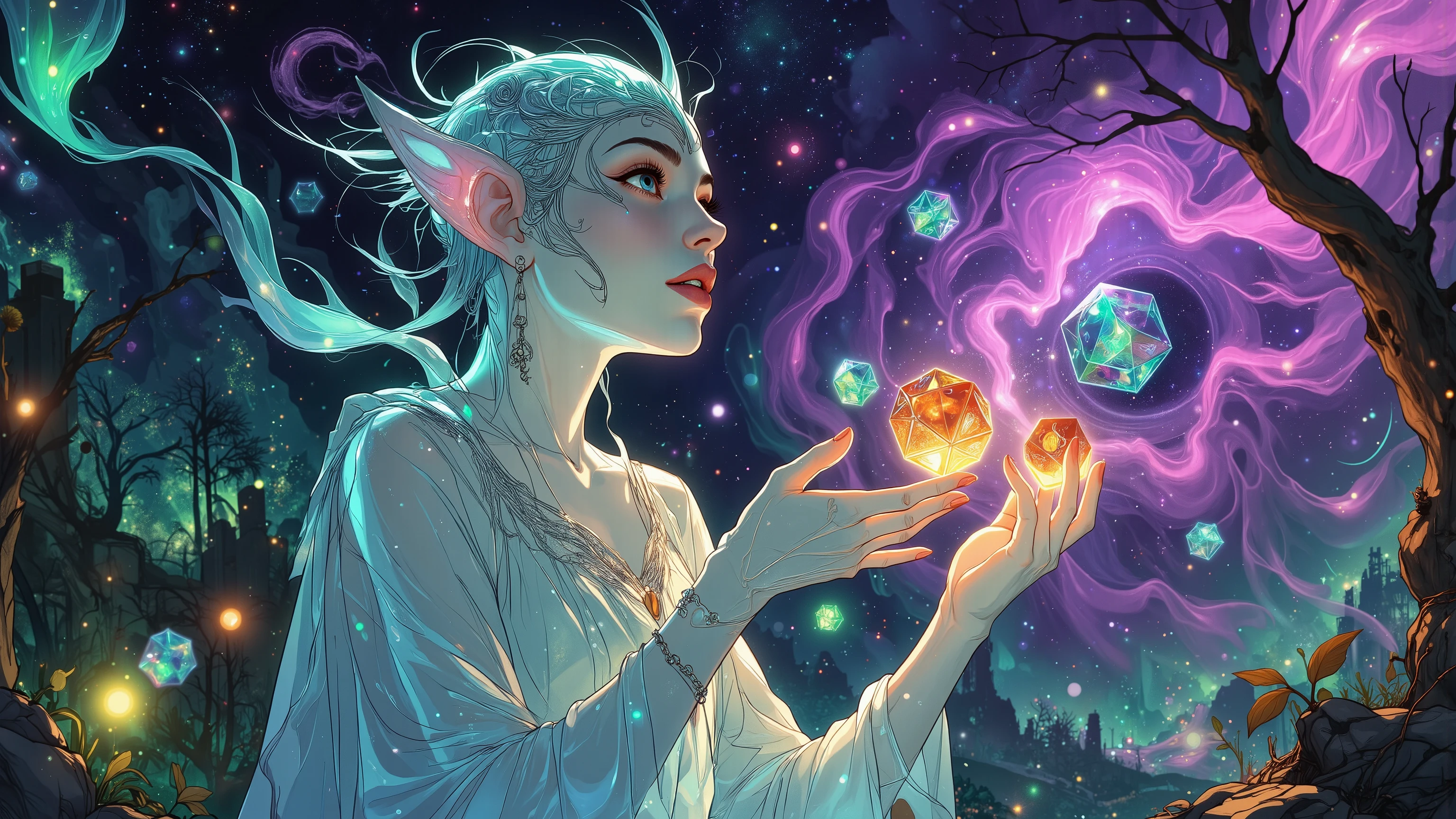 Abstract Surrealism Art. The celestial translucent mam tries his hand at dice magic, purple cosmic skies with greens and reds.