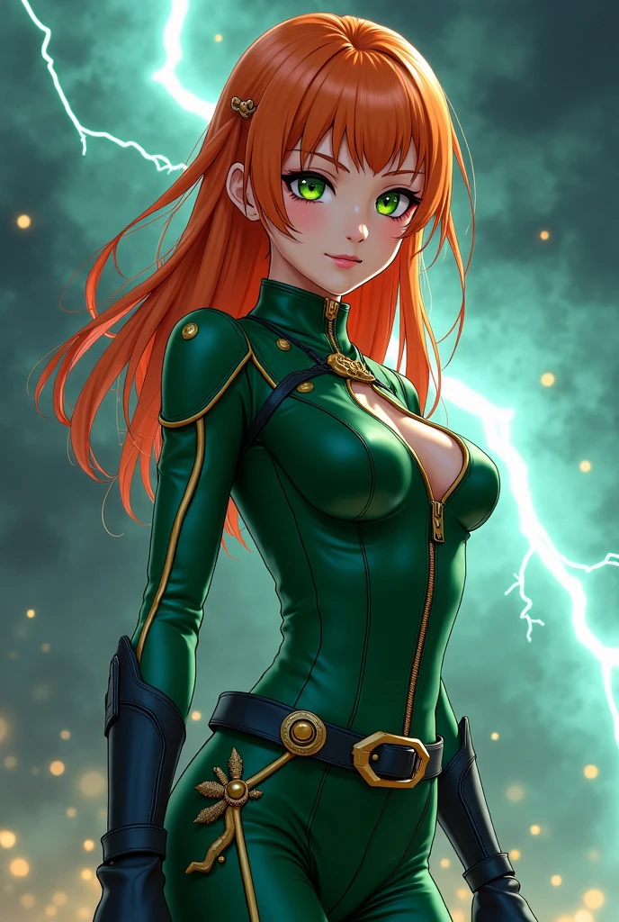 female anime character,23 anos,ORANGE hair,green eyes and white skin,green leather clothing with gold and blue details,With a storm behind ANIME 