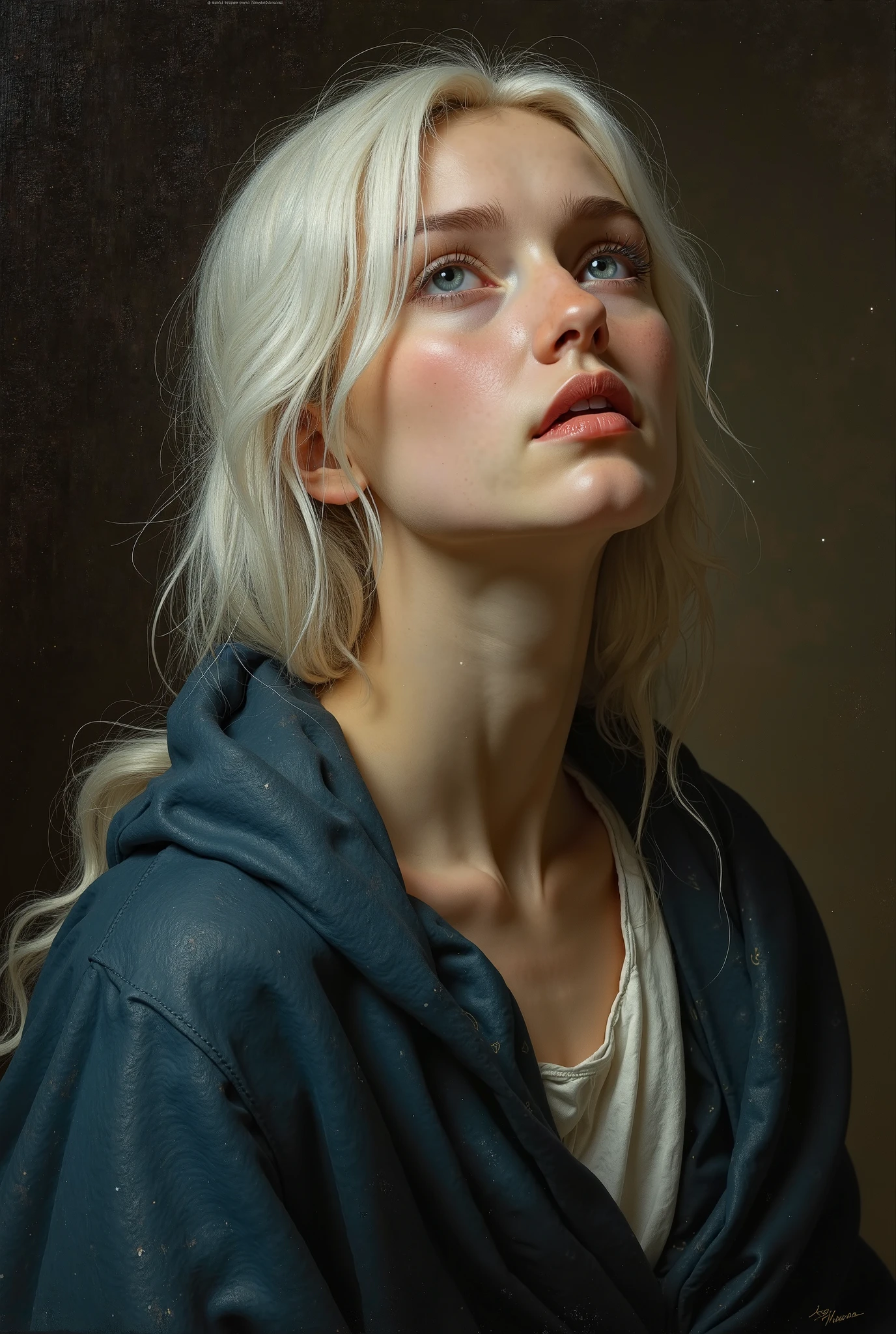 Portrait of a young woman with white hair in the spirit of the old masters of the 16th century (for example, Raphael, Titian, Bronzino). Girl with gentle features, dressed in a simple dark blue shawl, gently framing her face. Her eyes are fixed to the sky with an expression of deep emotion — a plea, sorrows. Light falls softly and diffusely, as in paintings by Venetian masters,  with cool tones . artistic style: Careful study of chiaroscuro, smooth color transitions, Realistic skin details (light rosy, translucency). Mood — thoughtful, sublime ,  a melancholic .