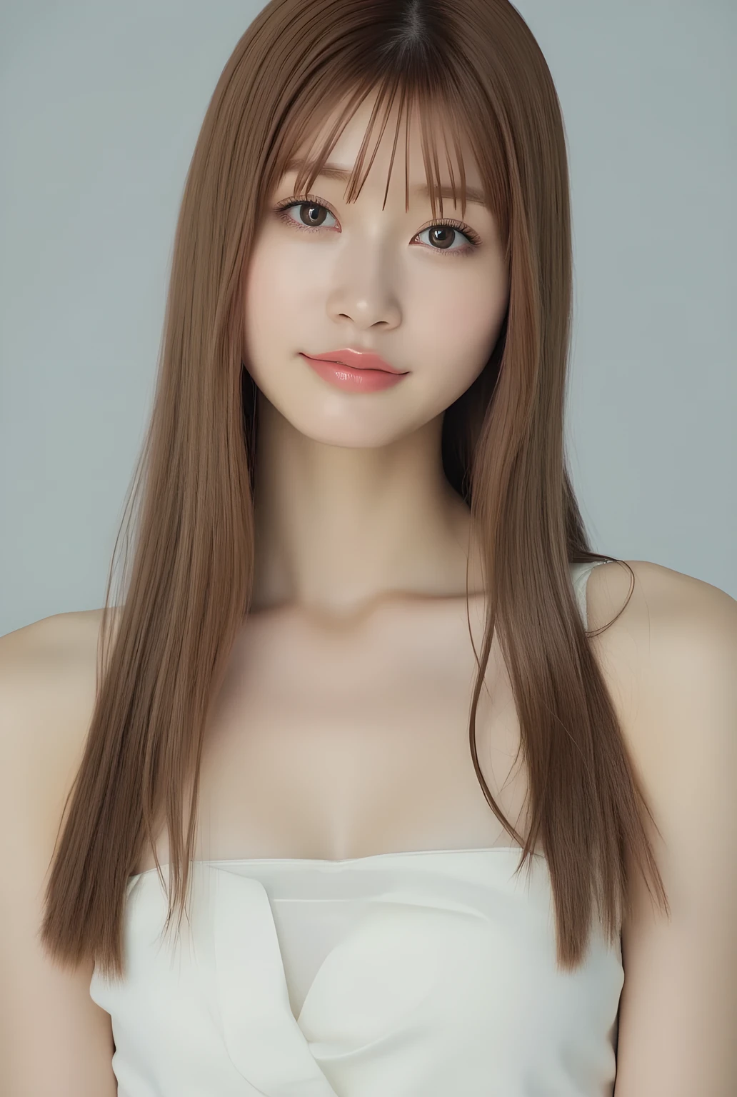 ultra-realistic, photorealistic, best quality, 8K, top-quality, masterpiece, ultra-detail, super high resolution, Improvement of quality, Enhances the beauty of skin texture, Clean and glowing skin, Smoother lighting, Improving the quality of cinema lighting, Backlight, A gentle light for face, 32K, 1girl, solo, Meru Nukumi, small head, perfect female body, Skinny, Slim Waist, large breasts, detailed skin, smooth skin, (fair skin, white skin:0.5), Beautiful Lips, Beautiful Face, (White Collared blouse), High resolution, Natural look, Improves hair quality, Delicate light and shadow, Beautiful Eyes, Sharp details, Soft light reflection, Delicate skin tone, Fine hair texture, beautiful hair, pink cheek, Light Smile, Beautiful and perfect face, perfect anatomy, Kind eyes, (beautiful black eyes, beautiful detailed eyes, detailed eyes:1.2), gray background, meru_nukumi, nukumi_meru_flux_, meruru_flux, Upper Body:1.3, Portrait, from front, beautiful detailed face, face focus,