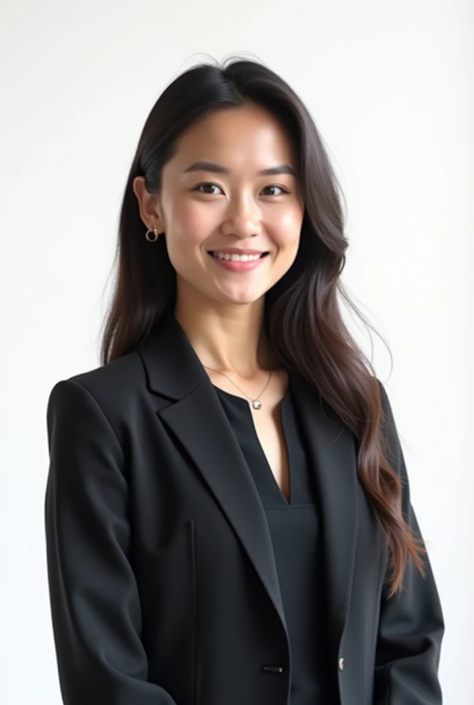 RAW photo, Portrait of a beautiful black haired woman, straight hair, black office suit, korean, smiling, blank background, no background