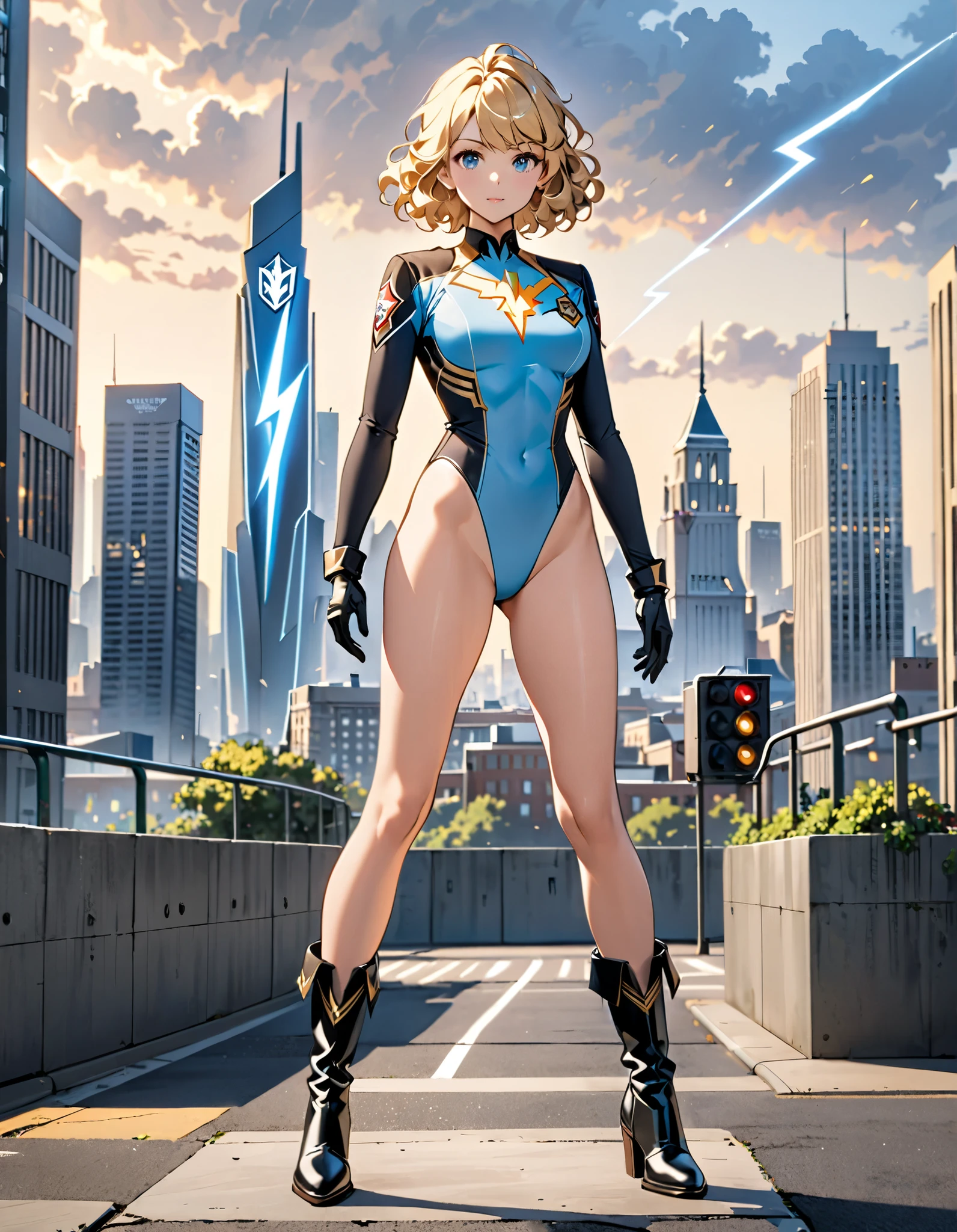 masterpiece, best quality, hires, 1girl, medium breasts, ((leotard, light blue leotard)), (lighting bolt emblem on chest), (bare legs), (fastened tight belt), boots, matching boots, gloves, city backdrop, solo, single, standing, rear view, full body shot, cowboy shot, superhero, beautiful detailed eyes, blonde hair, (short hair, wavy hair), high school backdrop, outdoors, mature lady, teacher, perfect body, good proportions