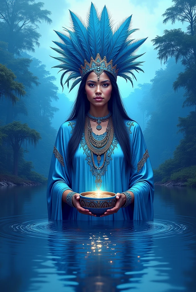 create a t-shirt model with full sublimation in light blue, with a large indigenous woman wearing blue clothes and feathers in the center looking forward offering a shamanic drink bowl, a large lake at the bottom, in the background a large forest with trees and in the center a large glade, On the sleeves and a blue gradient 2 shades darker, with symbols of Amazonian enchantment and Amazonian Victoria at the bottom