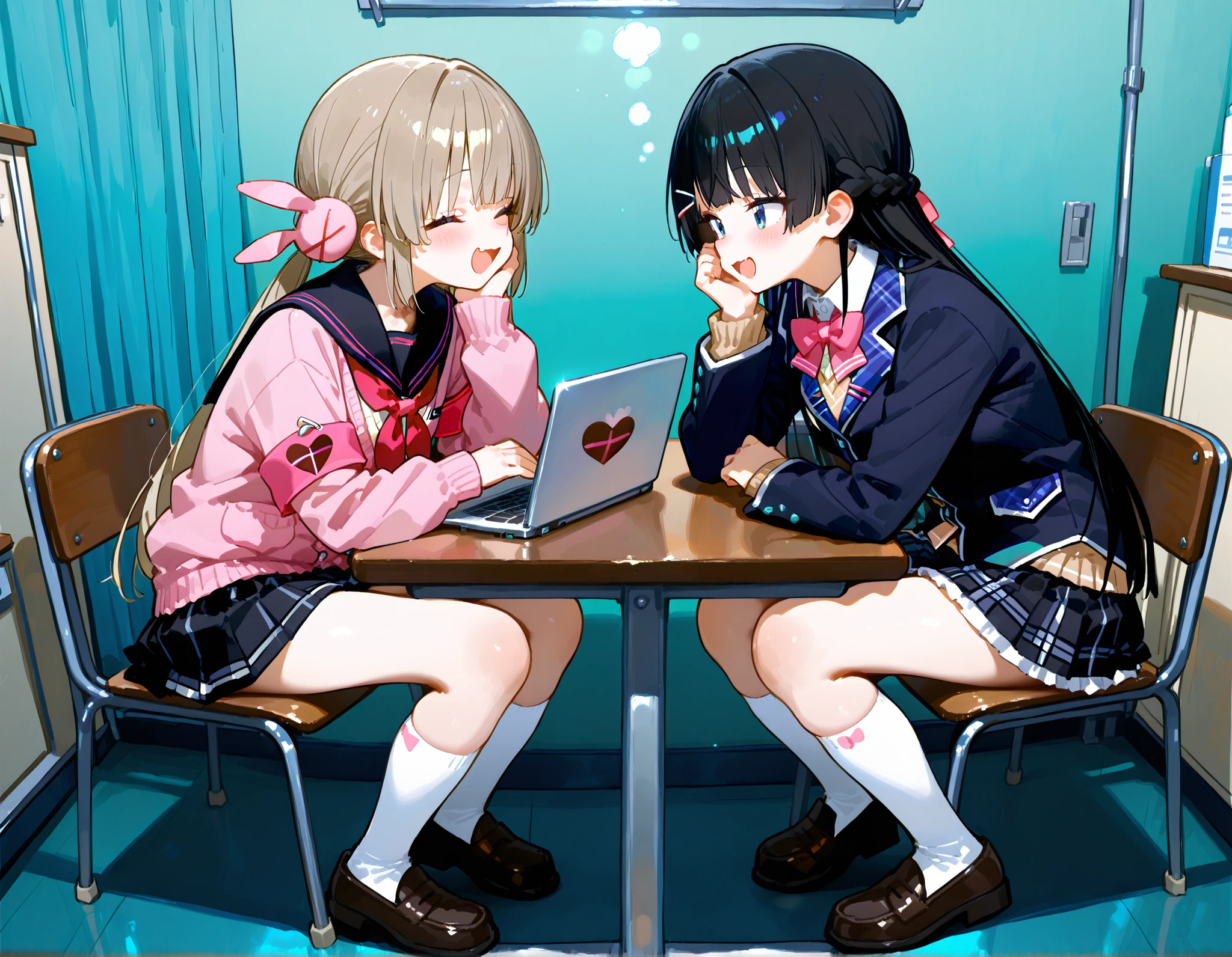 748cmstyle。2 girls。Tsukino Mito(Nijisanji)、blazer uniform。machine。 laugh。face to face。chair in the left hand examination room。Classroom。natori sana, virtual youtuber, twintails, low twintails, hair ornament, pink cardigan, black sailor collar, red neckerchief, pleated skirt, black skirt, armband, long sleeves, white socks, loafers。laptop。black skirt