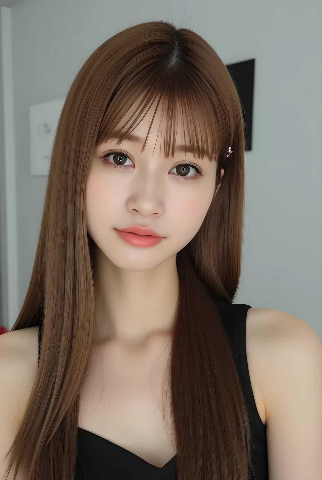 ultra-realistic, photorealistic, best quality, 8K, top-quality, masterpiece, ultra-detail, super high resolution, Improvement of quality, Enhances the beauty of skin texture, Clean and glowing skin, Smoother lighting, Improving the quality of cinema lighting, Backlight, A gentle light for face, 32K, 1girl, solo, Meru Nukumi, small head, perfect female body, Skinny, Slim Waist, large breasts, detailed skin, smooth skin, (fair skin, white skin:0.5), Beautiful Lips, Beautiful Face, (White Collared blouse), High resolution, Natural look, Improves hair quality, Delicate light and shadow, Beautiful Eyes, Sharp details, Soft light reflection, Delicate skin tone, Fine hair texture, beautiful hair, pink cheek, Light Smile, Beautiful and perfect face, perfect anatomy, Kind eyes, (beautiful black eyes, beautiful detailed eyes, detailed eyes:1.2), gray background, meru_nukumi, meruru_flux, nukumi_meru_flux_, Upper Body:1.3, Portrait, from front, beautiful detailed face, face focus,