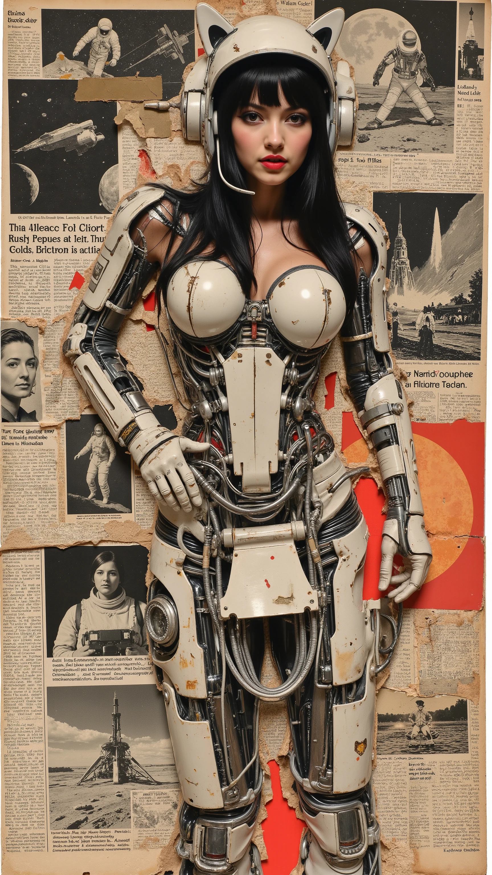 masterpiece retro-inspired collage composed of newspaper clippings and old photos, chaotic and playful composition, poorly glued on a piece of paper. In the midst of vintage black and white newspaper photos from the 1960s space programs featuring astronauts, spaceships, landing on the moon, The focus is on a large and ((cat girl, cat black ears)), (red eyes), (long hair), (( black hair, (Ahoge), straight bangs,)), sexy superhero Cyborgwoman cleverly drawn roughly cut out of a vintage comic with a cyber helmet, silver latex suit and many thick cables and hoses, mixed, fragmented and partially hidden, evoking mystery and adventurous spirit. torn paper texture , bold pop colors, absurd juxtaposition, nostalgic aesthetics. hyper detailed .