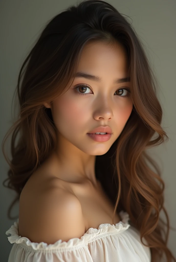 Wavy brown hair, brown eye, wheat skin, oval face from the right side, Almond-shaped eyes and a beautiful girl 156 tall  