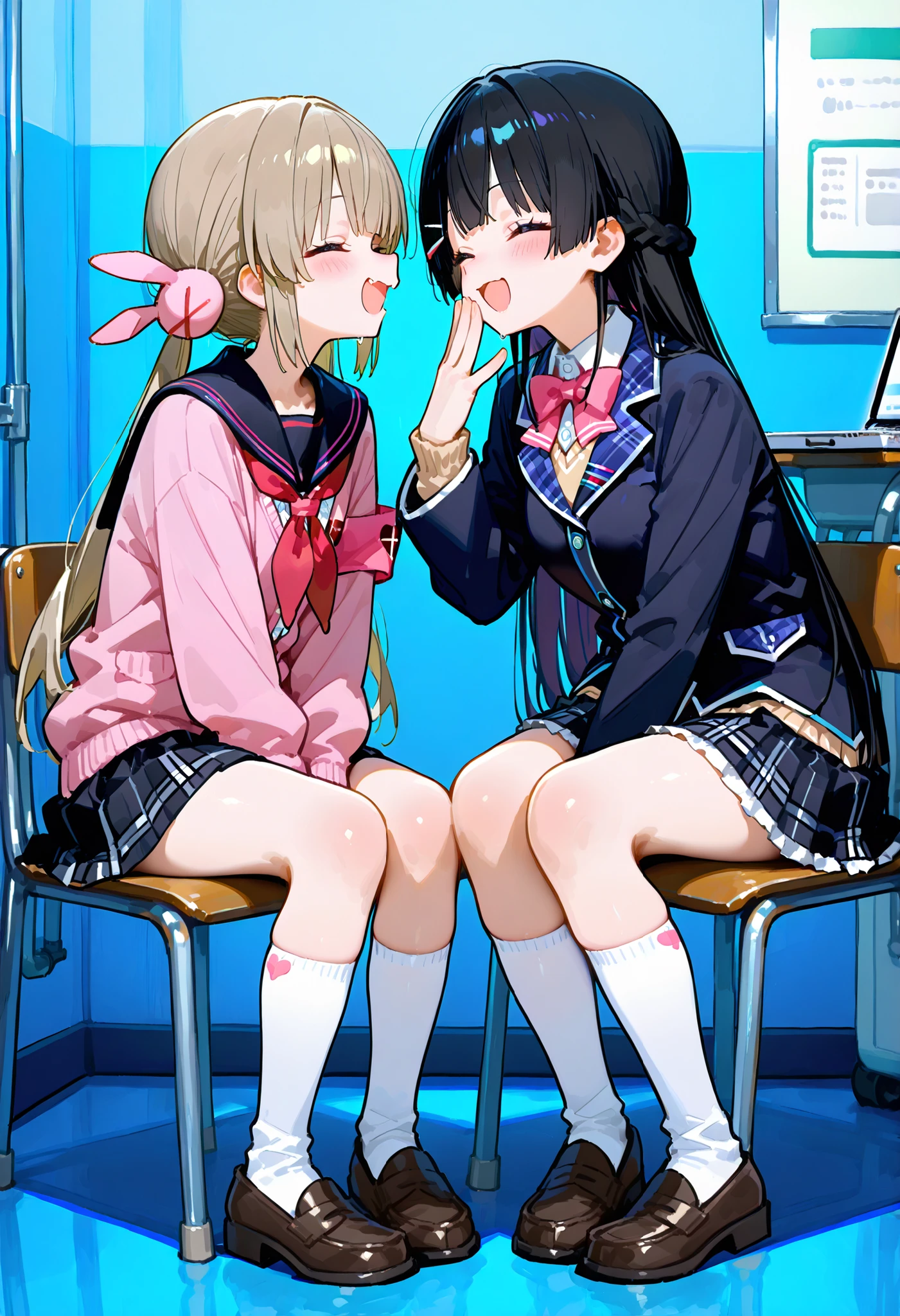 748cmstyle。2 girls。Tsukino Mito(Nijisanji)、blazer uniform。machine。 laugh。face to face。chair in the left hand examination room。Classroom。natori sana, virtual youtuber, twintails, low twintails, hair ornament, pink cardigan, black sailor collar, red neckerchief, pleated skirt, black skirt, armband, long sleeves, white socks, loafers。laptop。 black skirt
