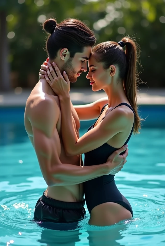 Sexy couple,1 Man and 1 woman, romance,in swimming pool,resort,underwater,kissing woman in bikini,man wearing on black underwear 
