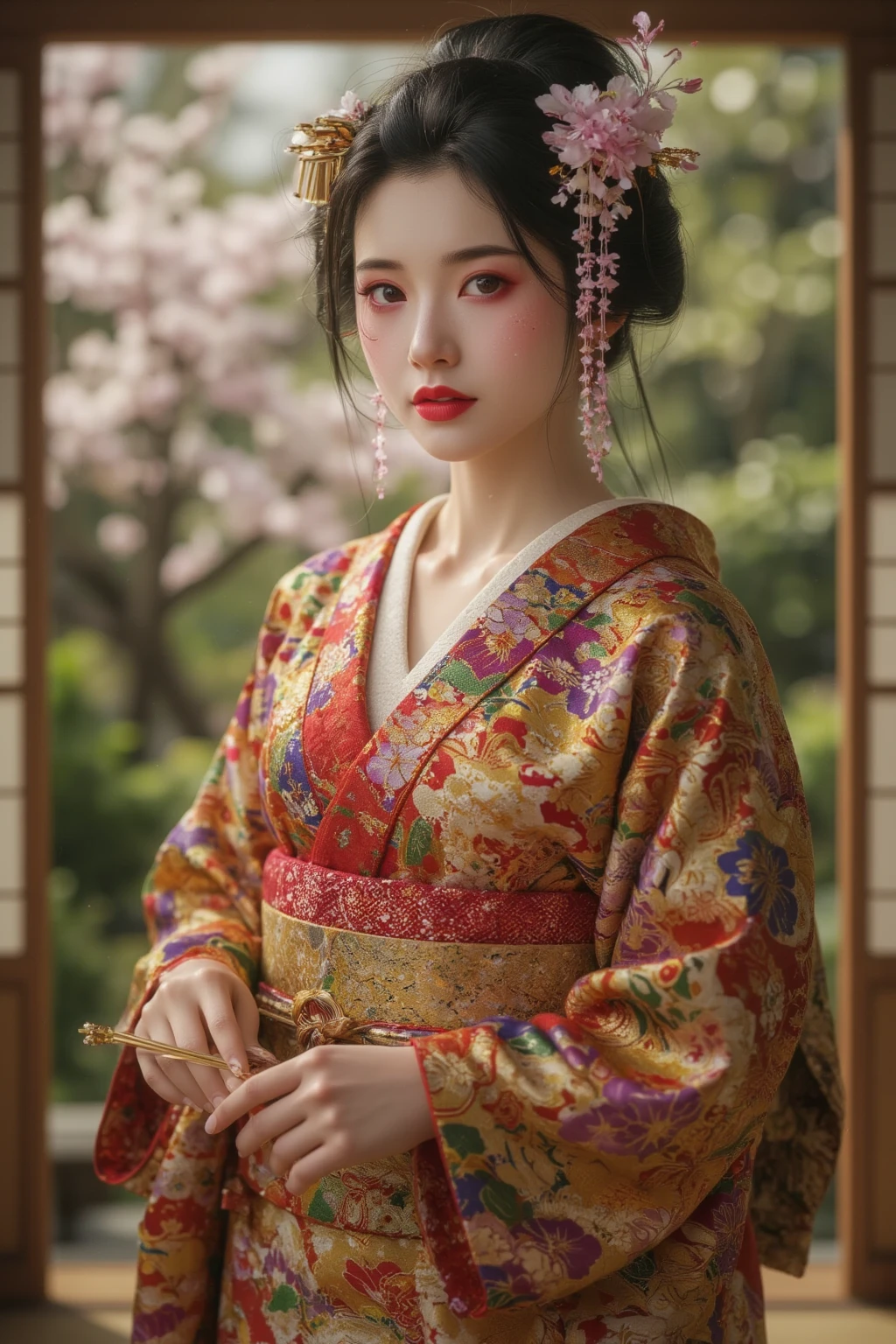 One girl, a courtesan wearing a Japanese kimono, very beautiful, warm sunlight, pleasant breeze,