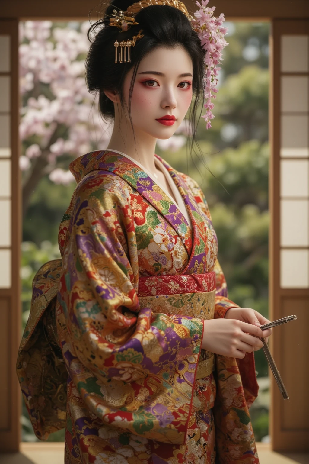 One girl, a  wearing a Japanese kimono, very beautiful, warm sunlight, pleasant breeze,