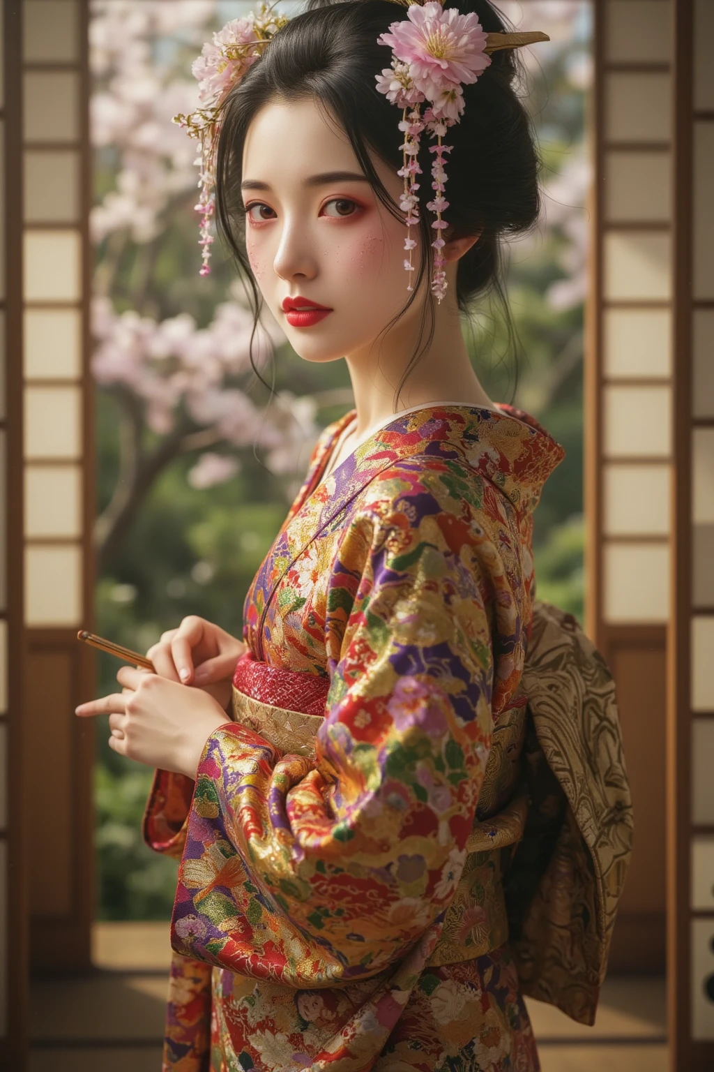 One girl, a courtesan wearing a Japanese kimono, very beautiful, warm sunlight, pleasant breeze,