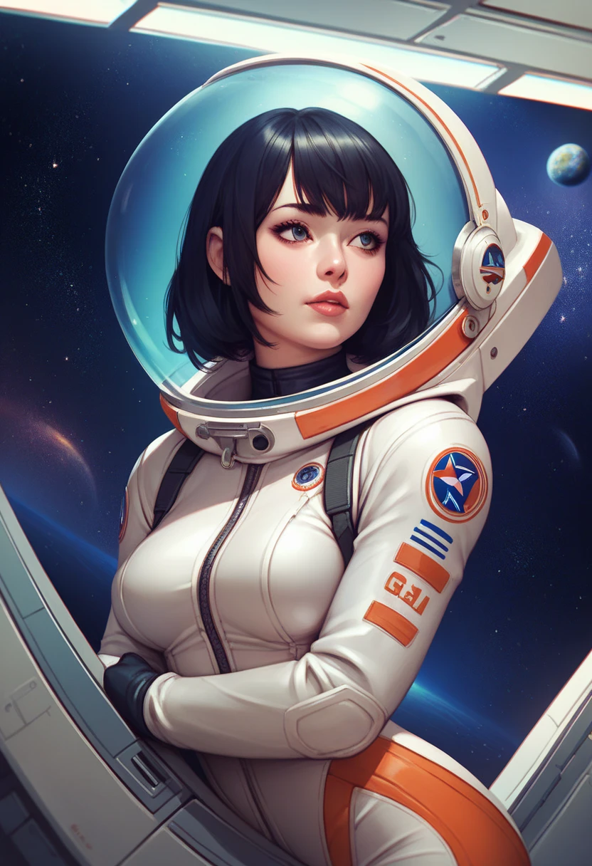 female ,Cosmonaut,spaceship,space,long black hair,short straight bangs,tight spacesuit