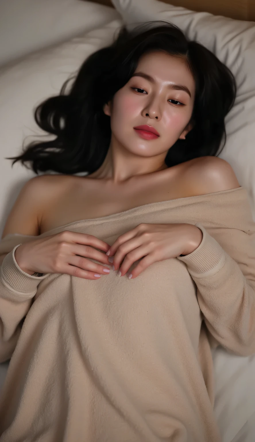 a woman, sleep on your back on the mattress, eyes looking at camera , looks full body, wearing wet towel wraps body, big size G-cup, red lips, black hair, all over wet body, lingerie spread on the mattress, zoom out camera