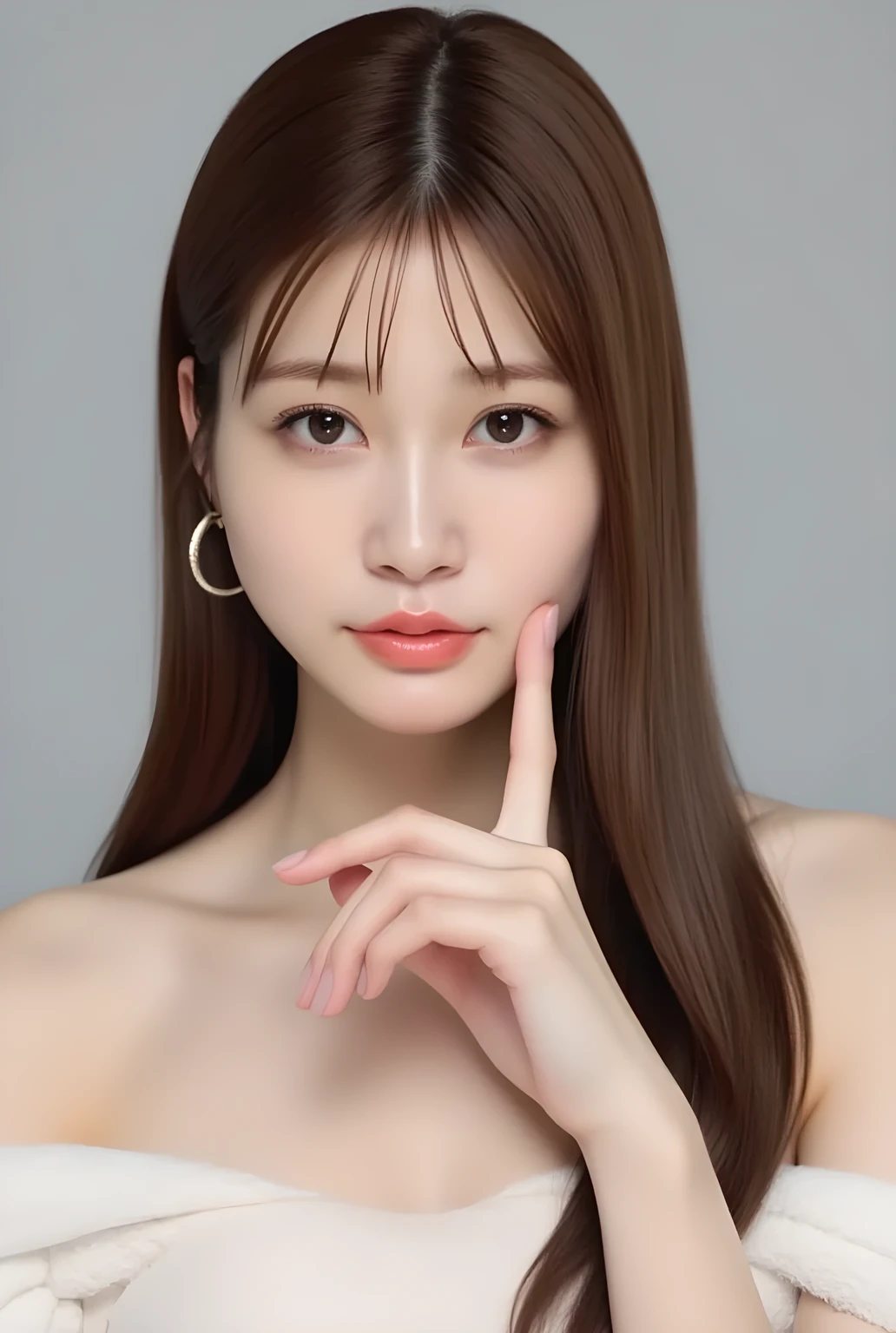 ultra-realistic, photorealistic, best quality, 8K, top-quality, masterpiece, ultra-detail, super high resolution, Improvement of quality, Enhances the beauty of skin texture, Clean and glowing skin, Smoother lighting, Improving the quality of cinema lighting, Backlight, A gentle light for face, 32K, 1girl, solo, Meru Nukumi, small head, perfect female body, Skinny, Slim Waist, large breasts, detailed skin, smooth skin, (fair skin, white skin:0.5), Beautiful Lips, Beautiful Face, (White Collared blouse), High resolution, Natural look, Improves hair quality, Delicate light and shadow, Beautiful Eyes, Sharp details, Soft light reflection, Delicate skin tone, Fine hair texture, beautiful hair, pink cheek, Light Smile, Beautiful and perfect face, perfect anatomy, Kind eyes, (beautiful black eyes, beautiful detailed eyes, detailed eyes:1.2), gray background, meru_nukumi, meruru_flux, nukumi_meru_flux_, Upper Body:1.3, Portrait, from front, beautiful detailed face, face focus,
