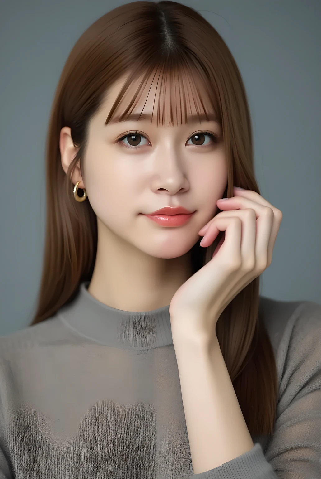 ultra-realistic, photorealistic, best quality, 8K, top-quality, masterpiece, ultra-detail, super high resolution, Improvement of quality, Enhances the beauty of skin texture, Clean and glowing skin, Smoother lighting, Improving the quality of cinema lighting, Backlight, A gentle light for face, 32K, 1girl, solo, Meru Nukumi, small head, perfect female body, Skinny, Slim Waist, large breasts, detailed skin, smooth skin, (fair skin, white skin:0.5), Beautiful Lips, Beautiful Face, (White Collared blouse), High resolution, Natural look, Improves hair quality, Delicate light and shadow, Beautiful Eyes, Sharp details, Soft light reflection, Delicate skin tone, Fine hair texture, beautiful hair, pink cheek, Light Smile, Beautiful and perfect face, perfect anatomy, Kind eyes, (beautiful black eyes, beautiful detailed eyes, detailed eyes:1.2), gray background, meru_nukumi, meruru_flux, nukumi_meru_flux_, Upper Body:1.3, Portrait, from front, beautiful detailed face, face focus,
