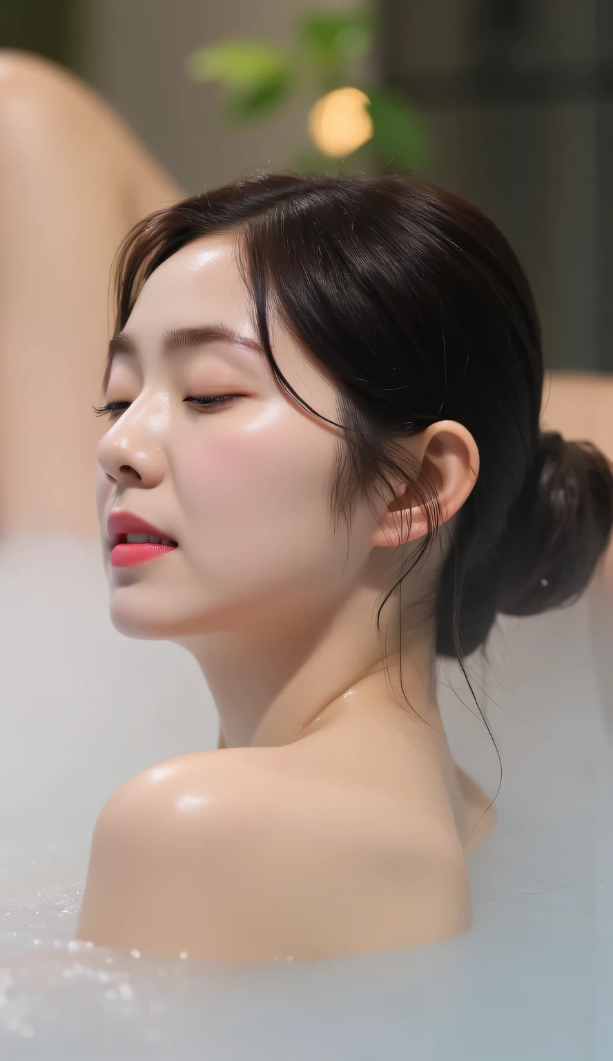 High Quality Hot Spring Magazine Cover,Side angle photo of a beautiful woman wrapped in steam,Figure soaking up to the shoulders, beautiful posture、An elegant hairstyle with black hair tied loosely tied up,Perfect Proportions,soft smile,(not wearing anything)、 beautiful décolletage,White Wet Skin and Hair,no makeup,open your mouth、An expression with an ephemeral sex appeal,An open-air bath with a secluded view of pure white hot water where a beautiful sunset sparkles on the surface of the water,The flashes of the sunset accentuate her silhouette and hair,romantic atmosphere, chiaroscuro,4K Hi-Res,HDR,PROFESSIONAL,realistic,Photorealistic,Precision Detail,Studio Writing,Bokeh,deep color,Refined Colors