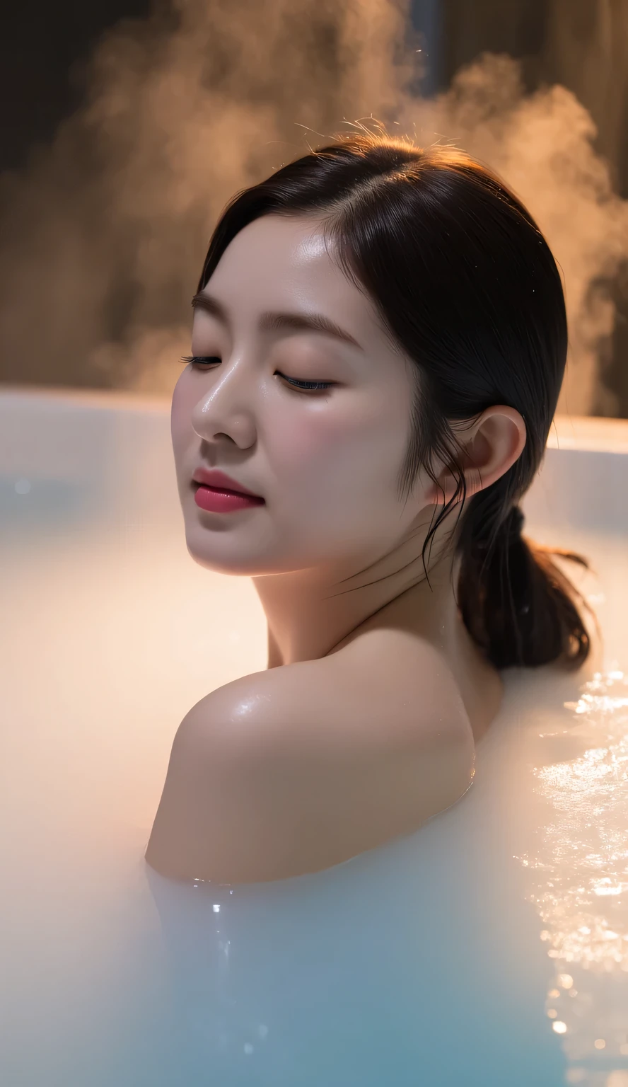 High Quality Hot Spring Magazine Cover,Side angle photo of a beautiful woman wrapped in steam,Figure soaking up to the shoulders, beautiful posture、An elegant hairstyle with black hair tied loosely tied up,Perfect Proportions,soft smile,(not wearing anything)、 beautiful décolletage,White Wet Skin and Hair,no makeup,open your mouth、An expression with an ephemeral sex appeal,An open-air bath with a secluded view of pure white hot water where a beautiful sunset sparkles on the surface of the water,The flashes of the sunset accentuate her silhouette and hair,romantic atmosphere, chiaroscuro,4K Hi-Res,HDR,PROFESSIONAL,realistic,Photorealistic,Precision Detail,Studio Writing,Bokeh,deep color,Refined Colors