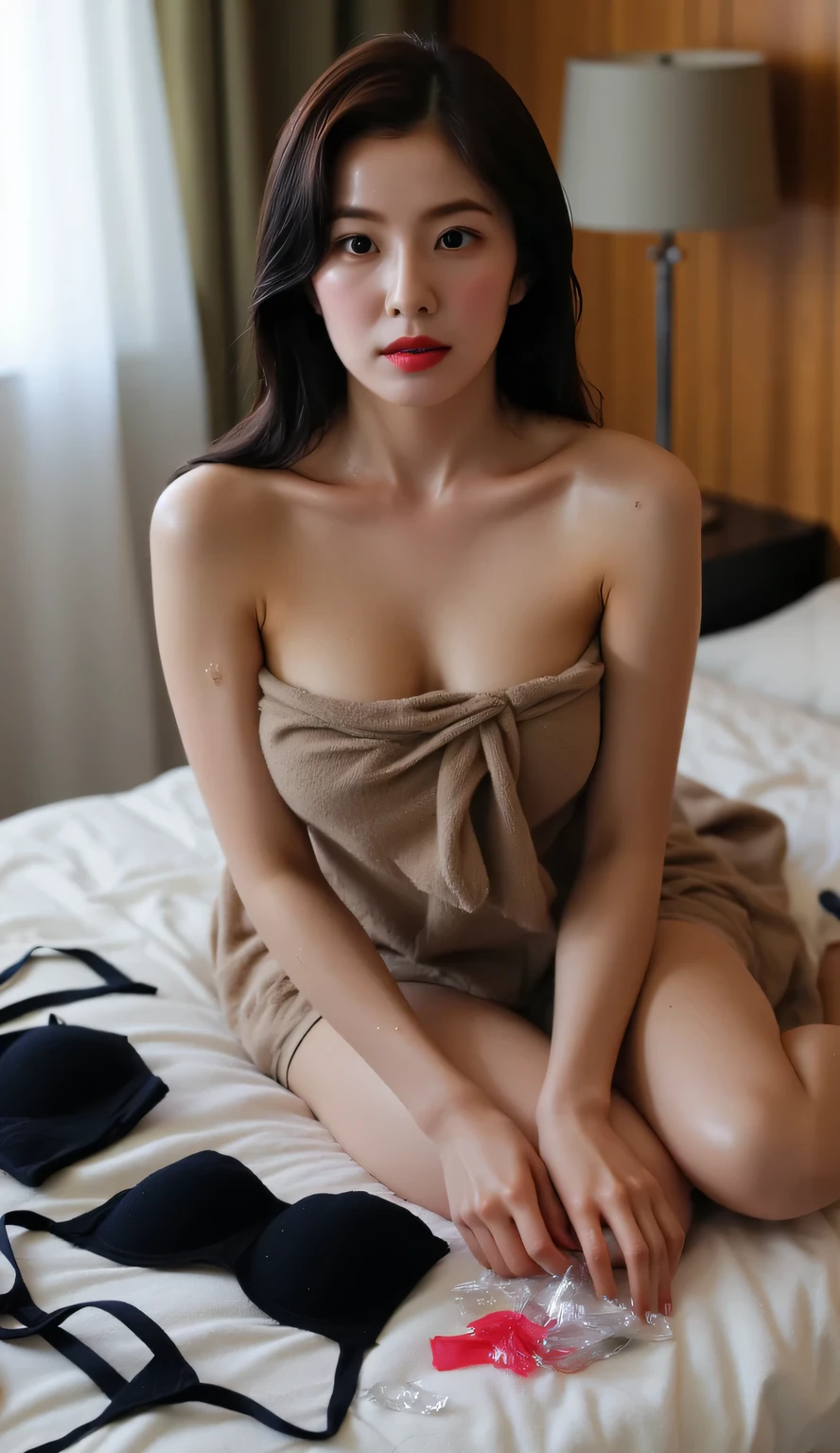 a woman, is in the bedroom, Sit on the mattress, eyes looking at camera , shirt looks full body, wearing wet towel wraps body, big size H-cup, red lips, black hair, all over wet body, Lots of bras and condoms spread over the mattress,