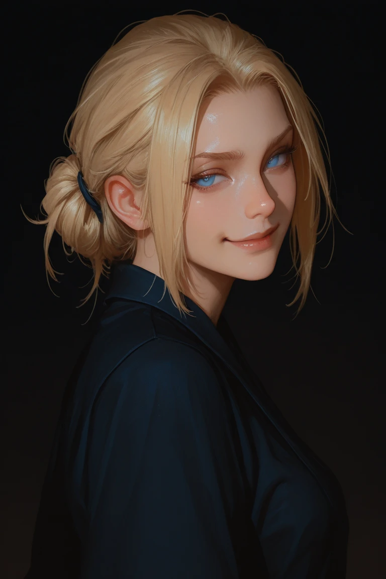 A middle-age man with blonde hair tied in a bun. Bright blue eyes and 2-days beard. Overly confident with a smirk. Semirrealistic style, masterpiece. Dark background Perfect light.
