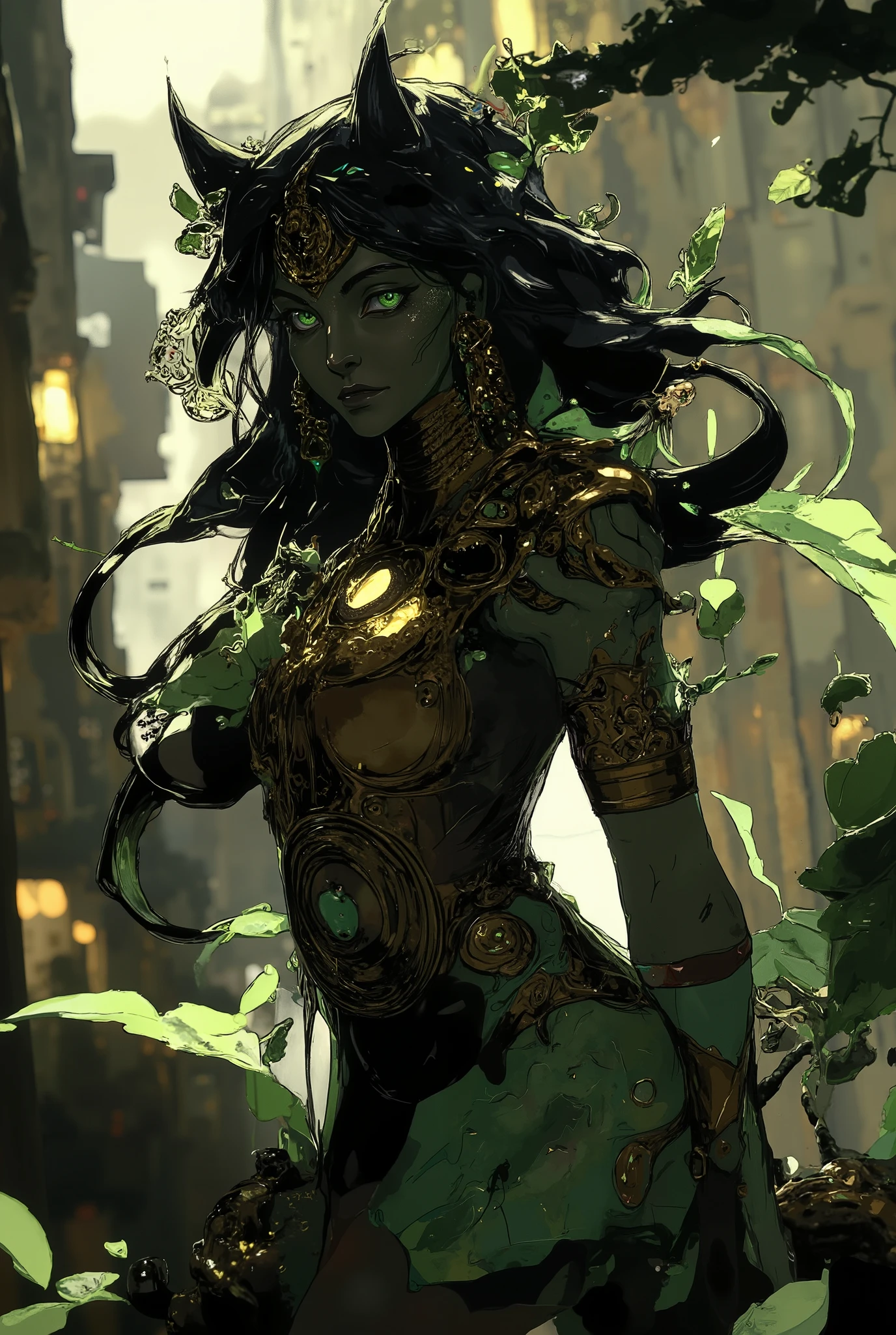 A shapeshifter panther girl with panther ears and tail and claws on her fingers. Big green cat eyes, dark skin, long black hair, toned body with the grace of a predator
