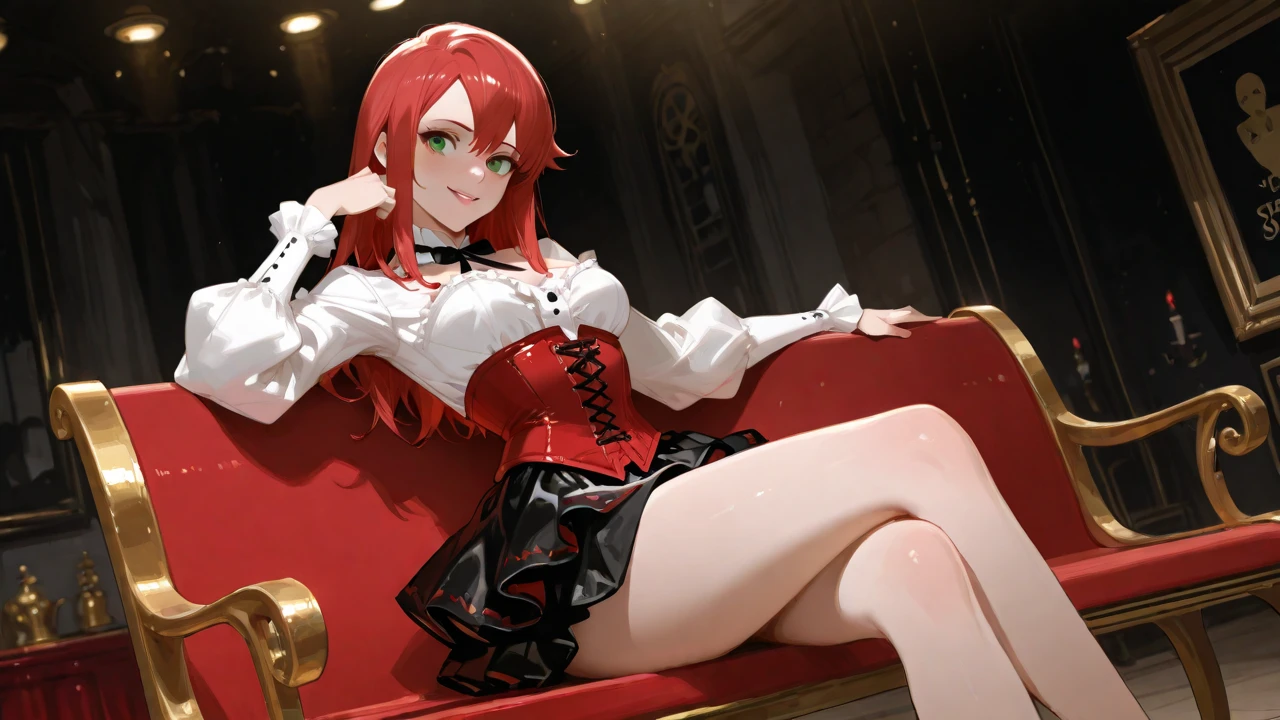 red long hair, masterpiece work, best quality, high resolution;,Improved detail,best quality,Perfect image quality,beautiful and sexy, first person view, small spots under the eyes , pretty, 큰 chest, 8K, ,chest 크게, pure white skin, chest, Beloved, excitement, beautiful, My heart is pounding, red hair, glamour, girl friend, Gray-eyed pupils,hip, glamour, big breast, Sitting cross-legged, sitting on a chair, Queen, Overlooking, sole, superior, black dress, Sneering,