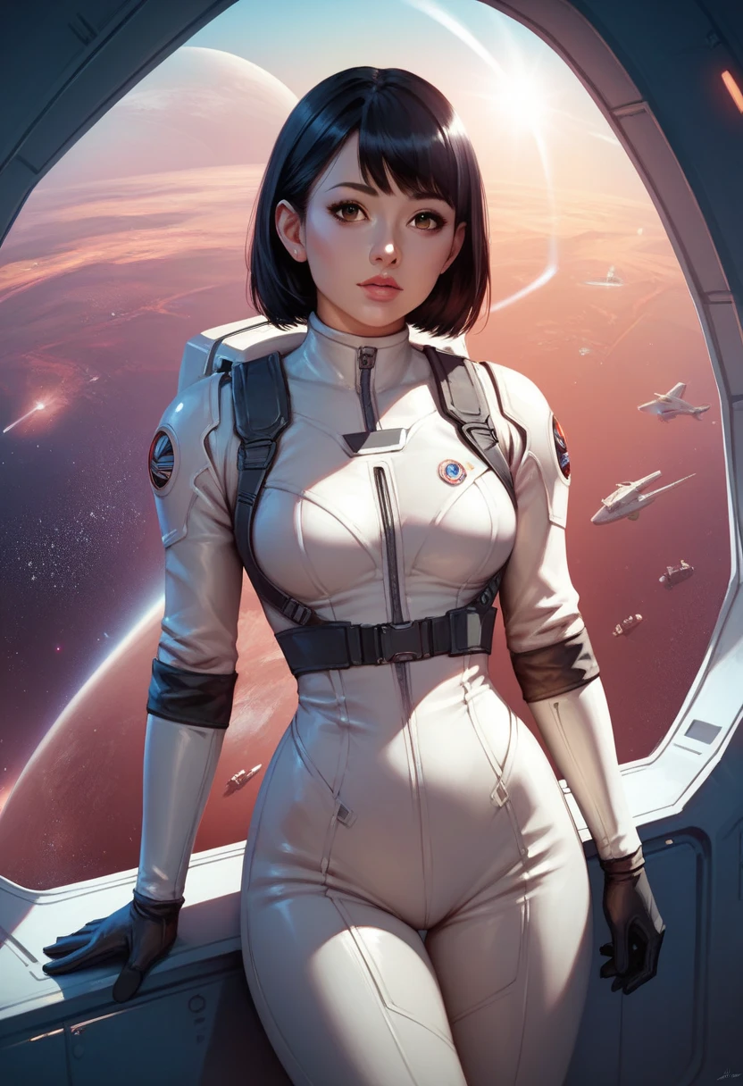 1 chica linda y hermosa, 20 years, de pie en una enorme nave espacial, Full of technology and futuristic interior., Open vision, lineas suaves, inspired by the movie space traveler, apariencia seductora, ultra high definition, piernas largas sexys
