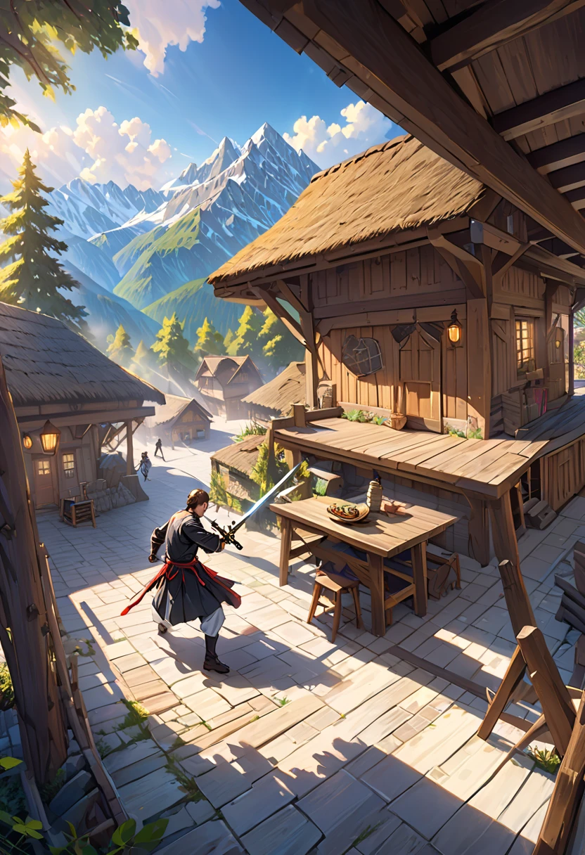 masterpiece, very well detailed, Super Real, detailed background, bright lights, Daylight,, (A swordsman fights against bandits in a plaza surrounded by woods), (Mountain hut), (Wide angle),