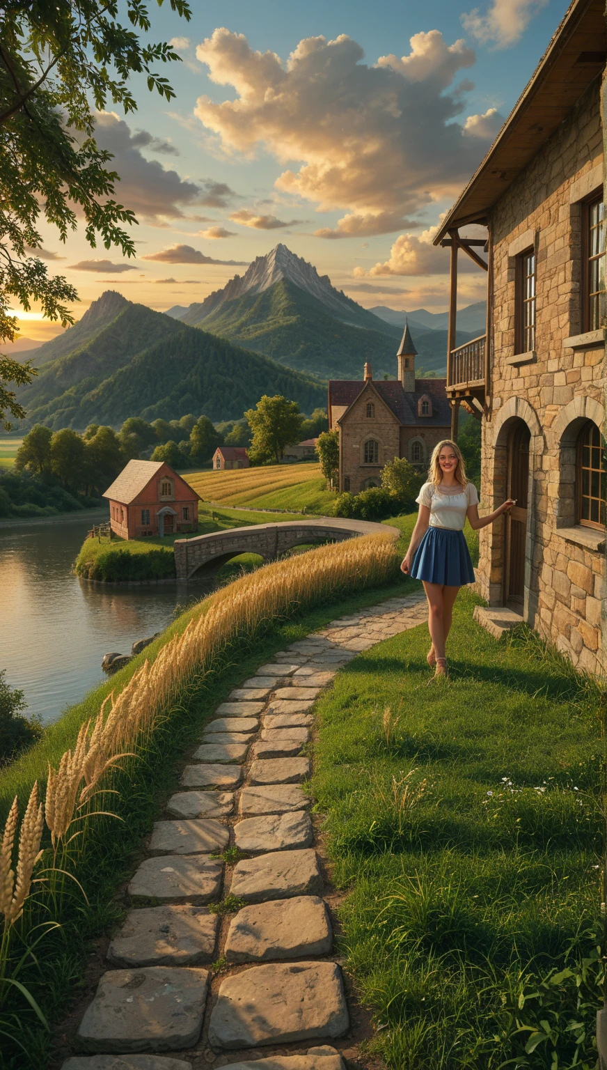 (((best quality))), high saturation, clear, reasonable structure, cartoon style, architecture, bridge, construction, castle, chimney, cloud, cloudy_sky, day, fantasy, door, grass, house, mountain, no_humans, outdoor, river, landscape, sky, sunset, tree, window, wheat field, wheat, jk maiden, smile, cute, blue skirt, white top  