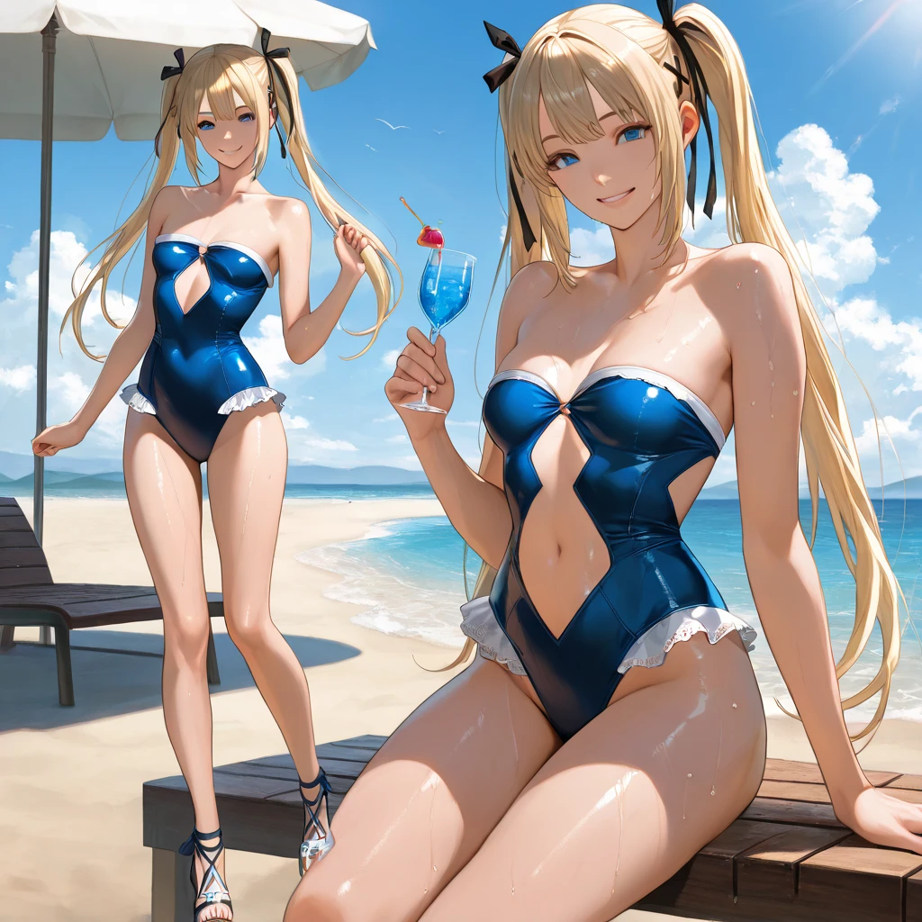 (masterpiece:1.2), (highest quality:1.2),, Curvy but slender body, perfect eyes, perfect face, perfect lighting, 2 girls, on the beach, （beach volleyball），（pink bikini），（ruffle bikini），（full body shot），（ponytail），（I can see your butt），curly hair, fine clothes, detailed outdoor background, compensate, eye shadow, thick eyelashes, fantasy, looking at the viewer, whole body、blue sky、Bright and very beautiful face、young shiny glossy white shiny skin、the best beauty、the most beautiful bright blonde hair in the world、thin hair、long hair、Shining beautiful bangs、big shining blue eyes、Very beautiful and lovely 18 years old, the most beautiful girl in the world、small breasts