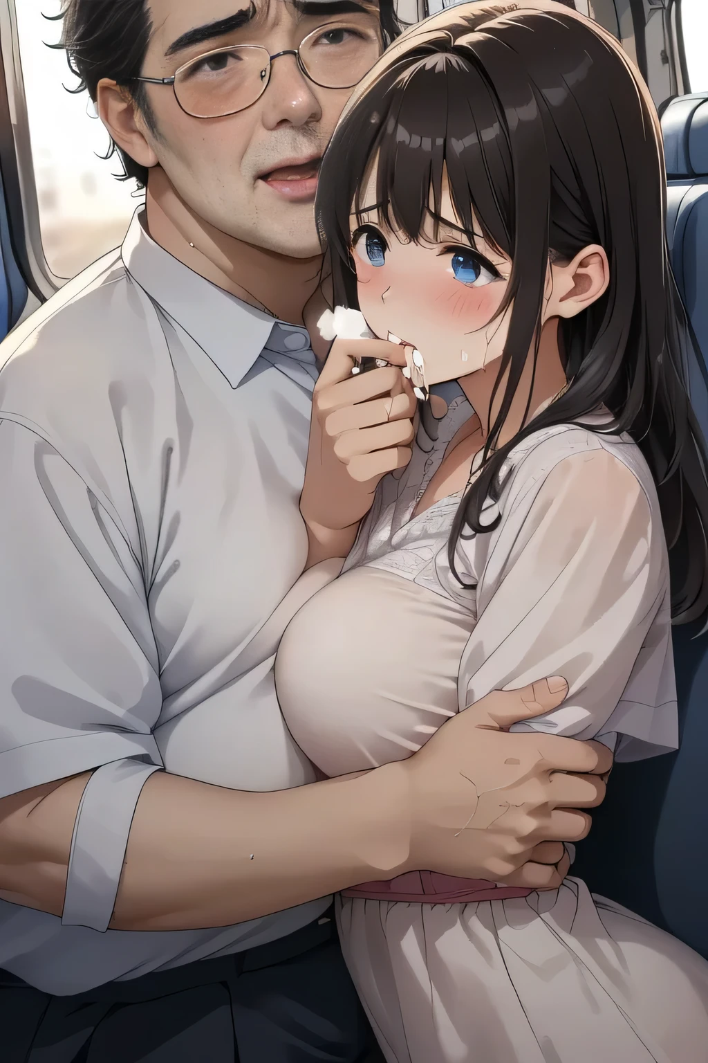 (   manga   、anime、story)、( masterpiece 、 top quality、 Ultra High Resolution )、( close 、 facial beauty、 Beautiful Eyes )、( shout、 resists 、 is embarrassing )、sweat 、 is embarrassing 、 ( surrounded by many men 、 Licking Man 、 bearded man、woman shivering at sexual climax ) many hands touching women  、sweat、man lifts the woman、 man grabs chest 、Man bites chest、viewed from the side、viewers take pictures with their smartphones、 take pictures、Old Gentleman with Dirty Glasses、Old man、men hug、((nsfw),(2man and 1woman,having sex)、(excessive cum、cum on body:1.2、cum in puss)、(face)、ossan 、The man is a fat ugly man、side view、The woman straddles the man、(Inside a cramped car)、nsfw:1.2